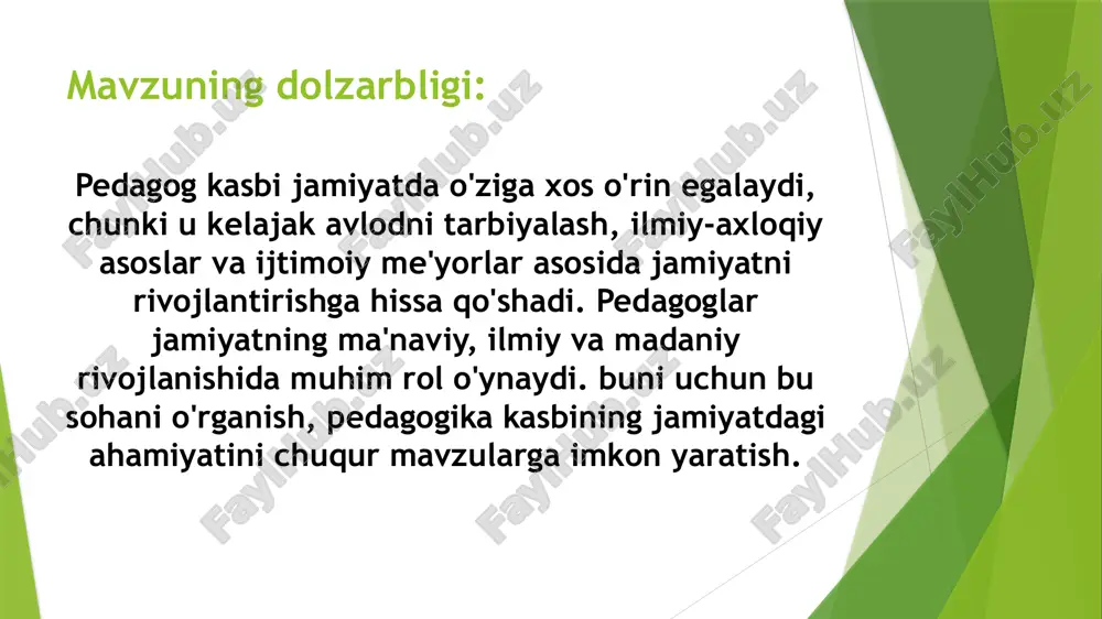 jamiyatdagi o‘rni pedagogik mahorat bu pedagogik (o’quv-tarbiyaviy) jarayonning barcha shakllarini eng qulay va samarali holatda tashkil etish, ularni shaxs kamolotlari tomon yo’naltirish, tarbiyalanuvchilarda dunyoqarash, qobiliyatni shakllantirish va ularda jamoat uchun zarur bo’lgan faoliyatga moyillik uyg’otish. inson faoliyatining boshqa turlari kabi pedagogik faoliyat ham o’z xususiyatlari bilan bir-biridan ajralib turuvchi: maqsad, obyekt, subyekt va vositalardan tashkil topadi. eng avvalo, pedagogik maqsadning o’ziga xosligini tushunishga harakat qilamiz. ular quyidagilardan iborat: 1.pedagogik faoliyatning maqsadi jamiyat tomonidan belgilanadi, yan’ni pedagogik faoliyat natijasi jamiyat manfaatlariga bog’liq. uning mehnati yoshlar shaxsini har tomonlama komil toptirishiga yo’naltirlgan bo’lishi zarur. pedagogik faoliyat avlodning ijtimoiy uzviyligini ta’minlaydi. bir avlod tajribasini ikkinchi avlodga o’tkazadi. yoshlarni ijtimoiy tajriba orttirish uchun insondagi tabiiy imkoniyatlarni ro’yobga chiqaradi. 2.pedagogik faoliyat doimo shaxs faoliyatini boshqarish bilan bog’liq. unda pedagogik maqsad talaba maqsadiga aylanadi. unga erishish osonlikcha bo’lmaydi. pedagog o’z faoliyati maqsadini va unga erishish yo’llarini aniq tasavvur qilish, maqsadga erishish talabalar uchun ham ahamiyatga ega …