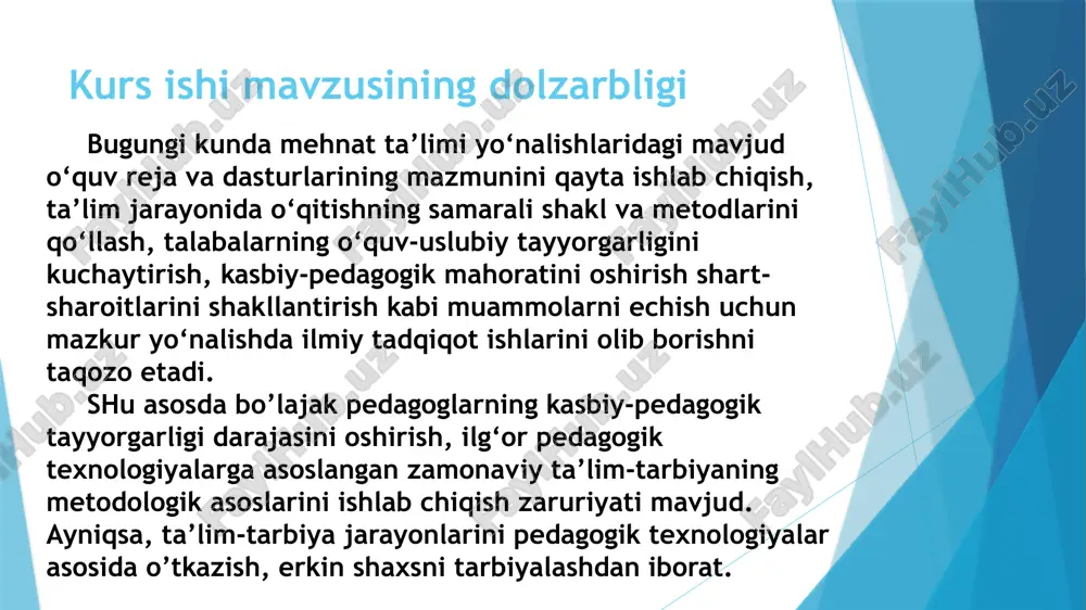 k nuqtai nazardan yoki boshqa davr mezonlari nuqtai nazaridan qarash uni "insonparvar" yoki "insonparvar bo'lmagan, inparvarlik tuyg'ulari shakilanmagan" inson sifatidaham baxolashni yuzaga keltiradi. pedagogikaning insonparvarlik va ilmiylik tamoyillari bola shaxsi mohiyatini tushunish, uni rivojlantirish vositalari maqsadga muvofiq izlash darajasi bilan ham belgilanadi. hamma davrlarda ham pedagogika inson va jamiyatning ilg'or rivojlanish talablariga mos kelishiga intilgan doimo rivojlanishda izlanishda bo'lgan. odamlar o'rtasidagi munosabatlarga, bolalarga ta'sir etish ular bilan o'zaro aloqalarda insonga qarshi vositalar, usullar va metodlar mavjudligini inobatga olgan xolda yondashuvlarni takomilashtirish va xozirgi zamon pedagoglari uchun dolzarb masalaga aylandi. biz pedagog sifatida bu kabi jixatlarni doimo yodimizda saqlashimiz lozim. 1.2. tarbiya jarayonini tashkil etishning ilmiy asoslari. tarbiya jarayonining mohiyati shu jarayon uchun xarakterli bo’lgan va muayyan qonuniyatlarda namoyon bo’ladigan ichki aloqa va munosabatlarni aks ettiradi. tarbiya jarayoni shaxsni maqsadga muvofiq takomillashtirish uchun uyushtiriladi va tarbiyalanuvchining shaxsiga muntazam va tizimli ta’sir etish imkoniyatini beradi. tarbiya jarayoni o’zaro bog’liq ikki faoliyatni - …