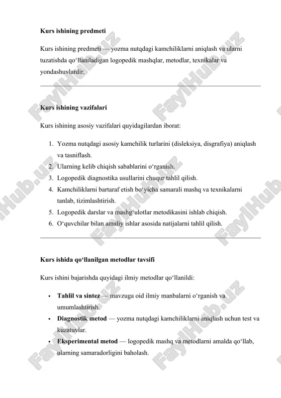 boshlang‘ich ta’lim bosqichida faoliyat yuritayotgan logopedlar uchun foydali qo‘llanma bo‘lib xizmat qilishi mumkin. mashg‘ulotlar tizimi, mashqlar to‘plami, diagnostik vositalar amaliyotda real holatlarga tadbiq etilishi mumkin. shuningdek, logopedik muassasalarda, maxsus ta’lim muassasalarida va umumta’lim maktablarida o‘qituvchilarga ko‘mak beruvchi metodik asoslarni taqdim etadi. kurs ishining nazariy ahamiyati kurs ishidagi ilmiy-nazariy yondashuvlar yozma nutqni rivojlantirish bo‘yicha mavjud adabiyotlar va metodikalarni boyitadi. tadqiqotda aniqlangan muammolar, taklif etilgan metodlar logopediya fanining rivojlanishiga xizmat qiladi. bu, ayniqsa, maxsus pedagogika yo‘nalishida tahsil olayotgan talabalar va yosh mutaxassislar uchun muhim ilmiy asos bo‘lib xizmat qiladi. kurs ishining tuzilishi kurs ishi 2 bob 4 reja xulosa va foydalanilgan adabiyotlardan iborat i bob yozma nutq kamchiliklarini organishning ilmiy nazariy asoslar 1.1 yozma nutq kamchiliklarini pedagogik-psixalogik adabiyotlarda yoritilishi nutq turlari va nuqsonlarining tasnifi (klinik-pedagogik va psixologik-pedagogik). nutq ko'plab fanlarning tadqiqot predmeti bo‘lib xizmat qiladi va shu fanlar nuqtayi nazaridan murakkab va o‘zaro moslashgan fiziologik mexanizm, akustik o‘zgarishlar majmuyi, lingvistik konstruksiyalar tizimi, …