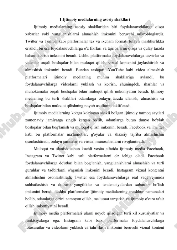 jimida suhbatlashish va dolzarb yangiliklar va tendentsiyalardan xabardor bo'lish imkonini beradi. ushbu platformalar ijtimoiy medialarning mashhur namunalari bo'lib, odamlarga o'zini namoyon qilish, ma'lumot tarqatish va ijtimoiy o'zaro ta'sir qilish imkoniyatini beradi. ijtimoiy media platformalari ularni noyob qiladigan turli xil xususiyatlar va funktsiyalarga ega. instagram kabi ba'zi platformalar foydalanuvchilarga fotosuratlar va videolarni yuklash va tahrirlash imkonini beruvchi vizual kontent almashishga qaratilgan. boshqalar, masalan, twitter, 280 belgi bilan cheklangan qisqa, ixcham xabarlarni ta'kidlaydi. bundan tashqari, ijtimoiy media platformalari ko'pincha foydalanuvchilarga kontent bilan o'zaro aloqada bo'lish funksiyalarini taqdim etadi, masalan, xabarlarni yoqtirish, sharhlash yoki almashish. bu xususiyatlar foydalanuvchilarning faolligini oshiradi va odamlarga o'zlarini ifoda etish va mazmunli yo'llar bilan boshqalar bilan bog'lanish imkonini beradi. ijtimoiy medialarning o'sishining asosiy oqibatlaridan biri uning shaxsiy munosabatlar va muloqotga ta'siridir. turli platformalarning paydo bo'lishi bilan odamlar endi butun dunyo bo'ylab oilalari, do'stlari va tanishlari bilan osongina bog'lanishlari mumkin. biroq, onlayn muloqotga tayanish, shuningdek, yuzma-yuz muloqotning pasayishiga va …