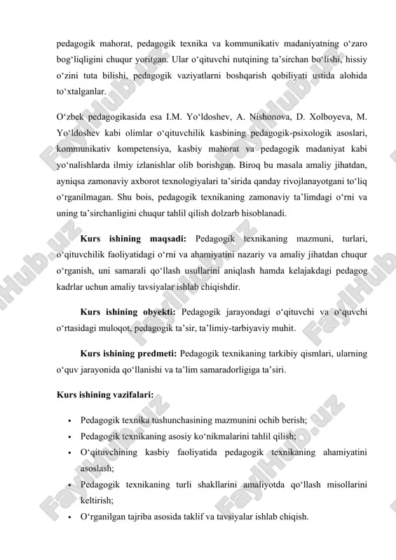 liq o‘rganilmagan. shu bois, pedagogik texnikaning zamonaviy ta’limdagi o‘rni va uning ta’sirchanligini chuqur tahlil qilish dolzarb hisoblanadi. kurs ishining maqsadi: pedagogik texnikaning mazmuni, turlari, o‘qituvchilik faoliyatidagi o‘rni va ahamiyatini nazariy va amaliy jihatdan chuqur o‘rganish, uni samarali qo‘llash usullarini aniqlash hamda kelajakdagi pedagog kadrlar uchun amaliy tavsiyalar ishlab chiqishdir. kurs ishining obyekti: pedagogik jarayondagi o‘qituvchi va o‘quvchi o‘rtasidagi muloqot, pedagogik ta’sir, ta’limiy-tarbiyaviy muhit. kurs ishining predmeti: pedagogik texnikaning tarkibiy qismlari, ularning o‘quv jarayonida qo‘llanishi va ta’lim samaradorligiga ta’siri. kurs ishining vazifalari: · pedagogik texnika tushunchasining mazmunini ochib berish; · pedagogik texnikaning asosiy ko‘nikmalarini tahlil qilish; · o‘qituvchining kasbiy faoliyatida pedagogik texnikaning ahamiyatini asoslash; · pedagogik texnikaning turli shakllarini amaliyotda qo‘llash misollarini keltirish; · o‘rganilgan tajriba asosida taklif va tavsiyalar ishlab chiqish. kurs ishida qo‘llanilgan metodlar: · tahliliy usul – ilmiy manbalarni tahlil qilish orqali mavzuni yoritish; · taqqoslash usuli – turli pedagogik texnikalarni o‘zaro solishtirish; · kuzatuv usuli – amaliyotdagi …