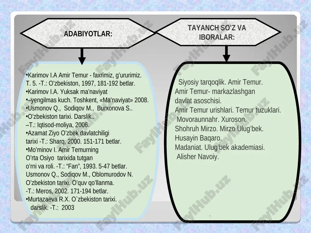 i xolisa (askarlar maoshi va oziq-ovqat ta’minoti bilan shug’ ullanuvchi) moliya vaziri harbiy vazir jibachi xazinachi saroy vaziri dorichi sozanda bitikchi bosh xojib tabiblar munshyilar bakovul choparlari davlatning boshqaruv tizimi . . 1 1 13 * 13 . 1-саййидлар, уламо, шайхлар ва фозиллар; 2-ақлли кишилар ва кенгаш соҳиблари; 3-дуогўй кишилар; 4-амирлар, сарҳанглар, сипоҳсолорлар; 5-сипоҳ ва раият; 6-ишончли, тўғри эътиқодли кишилар; 7-вазирлар, девон котиблари ва муншийлар; 9-муҳаддислар, пайғамбарлар ва авлиёлар тарихини ўрганувчи тарихчилар; 10-машойихлар, суфийлар, орифлар; 11-касбу ҳунар эгалари; 12-саёҳатчилар, мусофирлар. амир темур давлатидаги ижтимоий табақалар: . shaxulislom sadriy a’zam a’lam qozikalon qozi ahdos muhtasib qozi askar mutavalli mamlakatda diniy hokimiyat tizimi quyidagi tarzda boshqarilgan . . 1. davlat o‘z vakolatini bajarmog‘i uchun eng avvalo siyosiy jihatdan mustaqil bo‘lishi zarur. 2. davlat va jamiyatning yaxlitligi buzilmasligi kerak. 3. davlat va jamiyat muayyan qonunlar, tartiblar, g‘oyalar asosida boshqarilmog‘i lozim. 4. boshqaruvning turli bo‘g‘inlarini, muvofiqlashtirib turuvchi ma’lum bir tizim shakllangan bo‘lishi darkor. 5. …