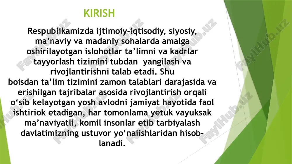 lab chiqish. simulyatsiya va rolli o‘yinlar – real musobaqa sharoitini yaratish va qaror qabul qilish jarayonini rivojlantirish. analitik yondashuv – oldingi musobaqalarni tahlil qilish va kelajakdagi o‘yin strategiyasini ishlab chiqish. kurs ishining amaliy va ilmiy ahamiyati: sportchilarning jismoniy, texnik va taktik tayyorgarligining ilmiy-amaliy ahamiyati juda katta. uning asosiy jihatlari quyidagilardan iborat: ilmiy asoslangan mashg‘ulot tizimlarini ishlab chiqish – sportchilarning rivojlanish jarayonini maksimal samarali qilish. musobaqalarga tayyorgarlikni takomillashtirish – sportchilarning raqobatbardoshligini oshirish. salomatlikni saqlash va jarohatlarning oldini olish – jismoniy yuklamalarni optimal darajada rejalashtirish. sport natijalarini bashorat qilish – mashg‘ulot jarayonidagi natijalarni ilmiy tahlil qilish va sportchilarning imkoniyatlarini baholash kurs ishi tuzilishi: : kurs ishi kirish, ikki bob, to‘rtta paragraf, xulosa va foydalanilgan adabiyotlar ro‘yxatidan iborat. foydalanilgan adabiyotlar ro’yxati o'zbekiston respublikasida qonun va qonun osti xujjatlar "jismoniy tarbiya va sport to'g'risida" qonunning qabul qilinishi ( 14.01.1992.-26.05.2000.- 04.09.2015.) m.mirziyoyevning ta'lim to'g'risida qabul qilayotgan qaror va farmonlarida ham ko'rib turibmiz. 2017-yil 7-fevralda qabul …