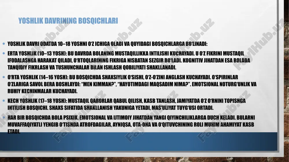 ional dasturlar orqali bolaning psixik rivojlanishiga samarali ta’sir ko‘rsatish mumkin. xulosa va tavsiyalar yoshlik davridagi psixik rivojlanish — shaxsning butun hayoti davomida muhim asos bo‘lib xizmat qiladi. bu davrda bola nafaqat bilim oladi, balki o‘zini anglaydi, o‘ziga nisbatan hurmat va mas’uliyat hissini shakllantiradi. rivojlanish murakkab, lekin izchil bo‘lishi uchun unga doimiy e’tibor, ijobiy muhit, ishonchli muloqot va mehr kerak. tavsiyalar: har bir bolaga individual yondashuvni tanlang. yoshlarga o‘z fikrini bildirish, tanlov qilish imkonini bering. emotsional qo‘llab-quvvatlashni unutmang. ijtimoiy faollikni rivojlantirishga ko‘maklashing. zarurat bo‘lsa, psixolog yordamiga murojaat qiling. e’tiboringiz uchun rahmat!!! image3.jpg /docprops/thumbnail.jpeg