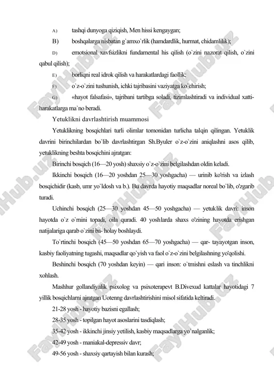 htirish tavsiflovchi xarakterga ega bo`lib, jiddiy empirik asoslarga ega emas. antropologlar va fiziologlar tomonidan yetuklikning quyi chegarasini 17 yoshdan (d.birren), 21 yoshdan (d.b.bromley), 20 yoshdan ayollar, 21 yoshdan erkaklar (xalqaro klassifikatsiya bo`yicha), 25 yoshdan (w.bunak) boshlanadi. deb hisoblashgan. 0`rta yetuklik chegaralari ham turli olimlar tomonidan turlicha ko`rsatilgan: 20 yoshdan 35 yoshgacha (d.veksler), 25 yoshdan 40 yoshgacha (d.bromley), 25 yoshdan 50 yoshgacha (d.birren), 36—60 yoshgacha (yoshning xalqaro klassifikatsiyasi bo`yicha). yetuklikning yuqori chegarasi va keksalikning boshlanishi haqida ham turlicha qarashlar mavjud: 55 yoshdan (v.v. bunak, v.v. ginzburg, d. bromley, d. veksler), 60 yoshdan (g. grim va ko`pchilik demograflar), 75 yoshdan (d. birren). ilk yetuklik (yoshlik) bosqichi saylov huquqiga ega bo'lish, to`liq huquqiy va iqtisodiy javobgarlik, ijtimoiy faollikning barcha turlari bilan shug`ullanish imkoniyati bilan tavsiflanadi. bu bosqichda hayotiy muhim qarorlar qabul qilinadi, kasbiy ta`lim olish tugallanadi, kasbiy rollar egallanadi, ma`lum muloqot doirasi shakllanadi. ko`pchilik oila qurgan va birinchi farzandli bo`lishadi, er-xotin va ota-ona …