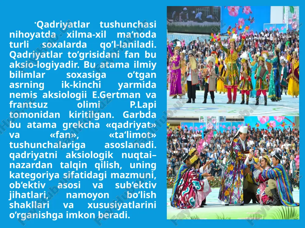 ni sayqallashtirib, rataqqiyot jarayonida atkomillashtirib turi-shi ma‘nosida o’z qadriyatlarining haqiqiy egasi, makon va zamondagi ilgarilanma harakatdan iborat o’zgarishlar jarayonida ularni o’tmishdan kelajakka atmon yetkazib boradigan eng asosiy ob‘ektdir» . milliy qadriyatlarning negizini urf - odatlar, rasm -rusumlar, bayramu-sayillar atshkil eatdi. o’zbek milliy qadri-yatlari mazmunida insonparvarlik g’oy-alari yoatdi. uzoq atrix davomida o’zbeklarning o’zaro munosabatlarida, kundalik turmush atrzida o’zaro hamkorlik va hamdardlik, vafodorlik va o’zaro hurmat, biri - biriga suyanish va yaxshi qo’shnichilik, bolajonlik va oat - onaga hurmat, mehr - oqibat va sadoqat har tomonlama e‘zozlanib kelinadi. milliy qadriyatlar o’sha mil-latga mansub har bir kishi tomonidan yaratilgan, insoniylik, odamiylikka xos fazi-latlar, xislatlar, xosiyatlarni milliy - madaniy meros xazinasiga qo’shgan hissasini ifodalovchi buyuk ko’rsatkichdir. milliy qadriyatlarni tiklash - ularga hozirgi zamonga mos yangi mazmun ato etish demakdir. xuddi shuning uchun ham, o’zbekiston davlat musatqilligiga erishishi bilan mamlakatimizga hozirgi zamon öivilizaöiyasi atlablariga javob beruvchi umuminsoniy demokratik qadriyatlar xalqimiz turmush atrziga kirib kela boshladi. …