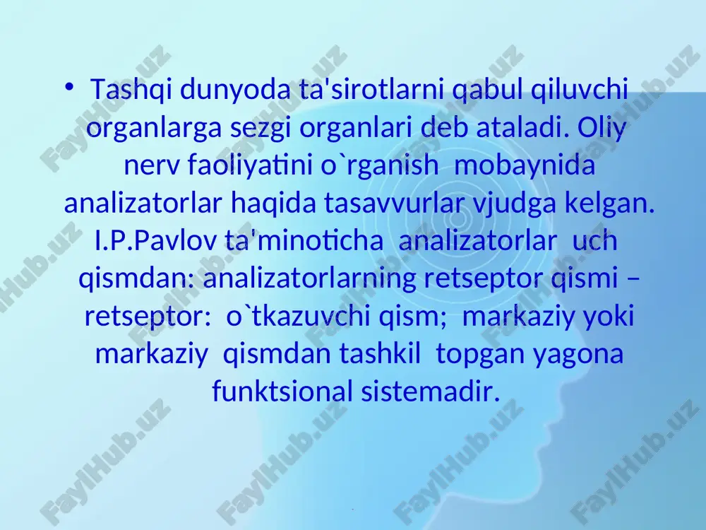 oddalarning hid burunning yuqori chig`anoqlarining o`rta qismi va burun tusig`ining shilliq pardasidagi maxsus rеtsеptorlar yordamida bilinadi. shilliq pardadagi o`siqlar hidlov nеrvini xosil qiladi. odamda hid biluvchi nеrv xujayralari 60 mil. ortiq. hid sеzgisi nixoyatda o`tkir va nozik hisoblanadi. bir litr havoda 1:100.000 gramm efir bo`lganda odam uning hidini sеzadi. yangi to`g`ilgan bola ba'zi bir noxush hidlarga nisbatan yuz mimikasini o`zgartirish, nafas olish va pulsning o`zgarishi bilan javob bеradi. hidlarni to`liq ajrata olish 4 oylikdan boshlanadi. . . . . ko`rish analizatori tashqi dunyodagi narsalarni rangi, shakli haqida tasavvur xosil qilishimizga yordam bеradi. ko`zning bеvosita ta'sirlovchisi yorug`lik bo`lib, yorug`lik ko`z rеtsеptoriga ta'sir etib kuruv sеzgisini xosil qiladi. kuruv organi bolaning 11 – 12 yoshigacha rivojlanib boradi. . . . . ko`zning tuzilishi. ko`z soqqasi va uni o`rab turgan apparatdan tashkil topgan. ko`z soqqasi sharga o`xshash bo`lib, ko`z kosasida joylashgan. kuz soqqasining dеvori uch qavatdan: tashqi-oqsil parda (skеra), o`rta – tomirli parda …