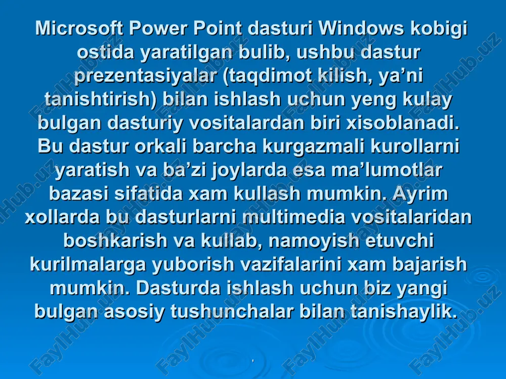 bizga boshka microsoft office dasturlari (word, excel va access )orkali tanish, shuning uchun fakat power point ga mansub tugmalarga aloxida tuxtaymiz. ' ' power pointga mansub yordamchi tugmalar - taqdimotga yangi bush slayd kushish. ushbu tugma tanlangandan keyin ekranda oyna orkali yangi slayd turini tanlashni bizga taklif etadi. - taqdimot slaydlarini shakllantirishda power point ning tashki kurinishini (rangli jixozlanishini) uzgartirish yordamchisini ishga tushirish. - taqdimotni struktura rejimida kursatganda, slaydlar sarlavxalari va barcha asosiy matinnlarining kursatish yoki kursatmasligini ta’minlaydi. - taqdimotni struktura rejimida kursatganda, slaydlar sarlavxalari va barcha matinnlarining jixozlanishini (tashki kurinishini) kursatish yoki kursatmasligini ta’minlaydi. - tanlangan matn obyektning xarflarini soyali (s tenyu) tashki kurinishiga utkazish. - tanlangan matn obyektning xarflarini bitta kadamga kattalashtirish. - tanlangan matn obyektning xarflarini bitta kadamga kamaytirish. ' ' -slayd obyektlarining paydo bulishini aniklaydigan animasiya yeffektlarini sozlash mulokot oynasini ekranga chikarish. - slayd obyektlarining ung tomondan kattalashib, avtomobil ovozi bilan paydo bulishi animasiya yeffekti. - …