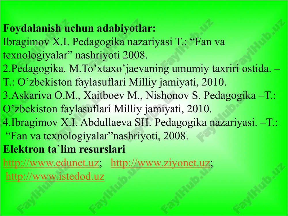 tlarni uzatib turish orqali ijtimoiy hayotning barqarorligini ta’minlash; ma’lum jins yoshi va ijtimoiy-kasbiy guruhlarning qiziqishlarini hisobga olgan holda ijtimoiy munosabatlar doirasida jamiyat a’zolarining harakatini tartibga solish. тарбия мақсадининг аниқлиги болалар ва катталарнинг биргаликдаги фаолияти ўз-ўзини англаш жамоа йўналиши тарбиянинг шахсга йўналтирилганлиги ихтиёрийлик тарбия мазмуни . tarbiya jarayonini tashkil etish shakllari yakka guruhli ommaviy 2.tarbiya jarayoni o’ziga xos xususiyatlarga ega: maqsadga yo’naltirilganligi; ko’p qirrali jarayon; uzoq muddat davom etishi; uzluksizligi; yaxlitligi; natijalarning oldindan aniqlanmasligi; ikki tomonlamalilik. tarbiya qonuniyatlari - bu bir tomondan, ijtimoiy hodisa sifatida tarbiyaning xususiyatlari, ikkinchi tomondan, shaxsning rivojlanishi bilan bog’liq bo’lgan barqaror aloqalar. tarbiya jarayonining quyidagi qonuniyatlari mavjud: ijtimoiy muhitning ob’ektiv va sub’ektiv omillariga bog’liqligi; tarbiyaning shaxsning rivojlanishi bilan birligi va o’zaro bog’liqligi; faoliyat va munosabatni e’tirof etish shaxsning ijtimoiy qimmatli fazilatlarini shakllantirishning negizi va asosiy manbai; tarbiyalanuvchilarning o’zaro tarbiyaviy ta’siri, o’zaro munosabatlari hamda faol faoliyati o’rtasidagi bog’lanish; tarbiya va o’zini-o’zi tarbiyalashning intensivligi; tarbiyalanuvchining “ichki olami”ga ta’sir etishning …