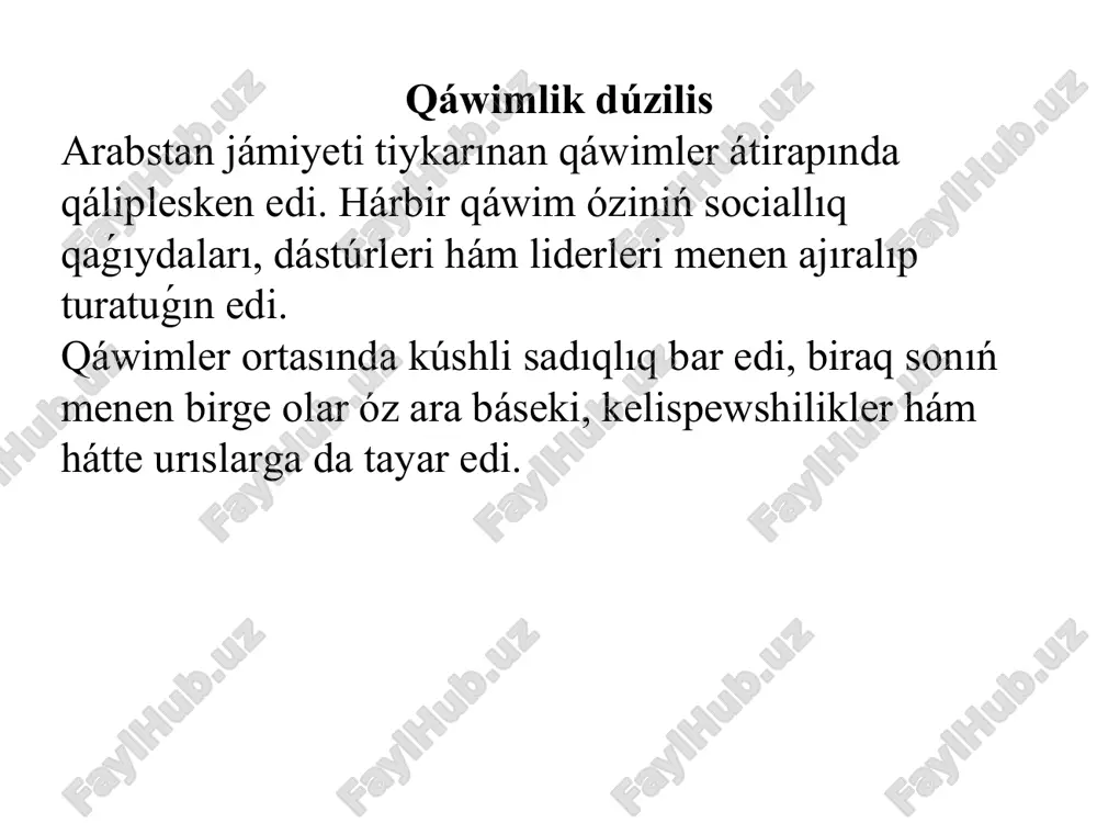 hın tek ǵana diniy emes, al turmıstıń barlıq tarawları - ádep-ikramlılıq, nızam, ibadat hám sociallıq qatnasıqlar boyınsha da jol-joba esaplanadı. sonıń menen birge, payǵambardıń ómiri (súnnet) de musılmanlardıń kúndelikli turmısında áhmiyetli rol oynaydı. rashidun (tuwri joldaǵı ) xalifalıģi dáwiri. payǵambarımız (s.a.v.) óliminen soń, tórt túrli xalifa - abu bakr, umar, usman hám ali - basshılıǵında islam tez tarqaldı. bul dáwirde islam arabstannan tısqarı, arqa afrika, aziya hám evropanıń ayırım aymaqlarına tarqala basladı. abu bakr siddiq (632-634) muhammed (s.a.v.) qaytis bolgannan soń islam úmmetinin birligin saqlap qalıw ushin xalifa boldi. ridda urısların (islamnan qaytqan qáwimlerge qarsı urıslar) alıp bardı. quranı kárimdi bir kitap formasına keltiriw procesi onıń dáwirinde baslanǵan. umar ibn xattob (634-644); islam tariyxında eń kúshli mámleket basqarıw sistemaların jarattı. persiya imperiyası hám vizantiya imperiyasının úlken aymaqları basıp alındı. islam mámleketiniń aymaqları mısır, iran, sham hám iraktı óz ishine aldı. hijriy kalendar engizildi. usman ibn affon (644-656); quranı kárimniń rásmiy …