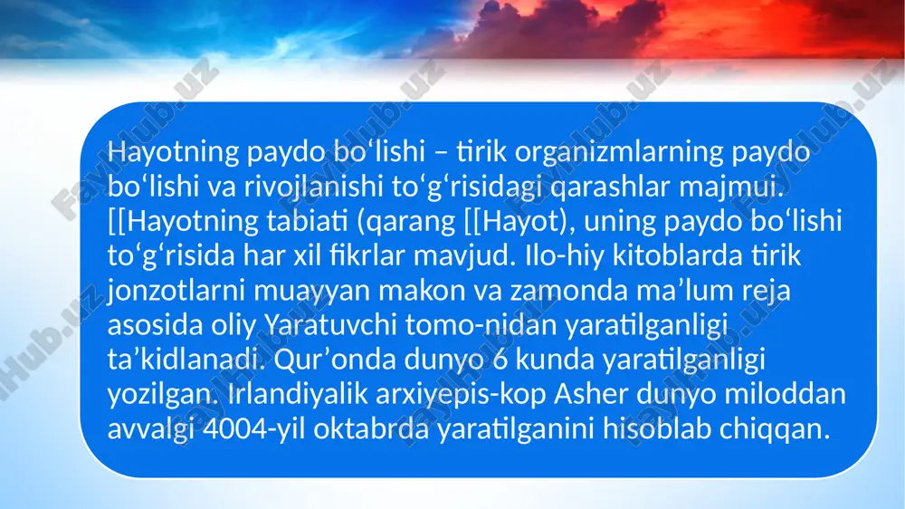 rabinafsha va rentgen nurlar, chaqmoqning kuchli elektr zaryadi, chaqmoq chaqqanda, meteorit tushganda va vulqon otilganda hosil boʻladigan yuqori harorat taʼsirida gazlardan birmuncha murakkab birik-malar sintezlangan. shu tarzda anorganik birikmalar: uglevodlar, ami-nokislotalar, azotli asoslar va organik (sirka, chumoli, sut) kislotalar hosil boʻlgan. yer asta-sekin soviy boshlashi bilan atmosferadagi suv bugʻlari kondensatsiyalanib borgan. yer yuziga tinmasdan yoqqan jala juda katta suv havzalarini hosil qilgan. suvda ammiak, uglerod qoʻshoksid, metan va atmosferada hosil boʻlgan organik birikmalar erigan. suv muhitida organik moddalar kondensatsiyalanib, polimerlarni, xuddi shu yoʻl bilan aminokislotalar peptid bogʻlar orqali oʻzaro birikib oqsillarni, nukleotidlar polinukleotidlarni hosil qilgan. murakkab polimerlarning sintezlanishi oddiy moddalarga nisbatan oson kechishini qayd etib oʻtish lozim. mas, aminokislo-talar 1000° da sintezlansa, ulardan polipeptid zanjiri esa 160° da sin-tez boʻladi. kondensatsiya reaksiyalari tasodifiy tartibda joylashgan monomerlardan iborat har xil uzunlikdagi chizikli polimerlar — polipep-tidlar va polinukleotidlarning sin-tezlanishiga olib keladi. polinukleotidlar matritsa vazifasini bajarishi va shu tariqa yangi poli-nukleotidlar zanjirida nukleotidlarning …