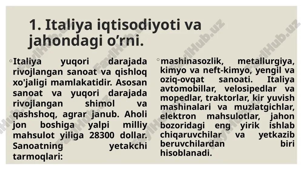 sporti ham yuqori darajada qayta ishlanadigan tovarlarning taxminan 1/3 qismini tashkil qiladi. shu sababli, italiyalik ishlab chiqaruvchilarning yuqori texnologiyali mahsulotlar uchun jahon bozoridagi o'z pozitsiyalarini yo'qotishi umuman salbiy faktdir. . bunday mahsulotlarning italiya eksportidagi ulushi atigi 20% ni tashkil qiladi. italiyada elektron asbob-uskunalar, dastgohlar va boshqalar savdosida katta taqchillik mavjud. "neft to'lovlarini" to'lash yaimning 8% ga teng resurslarni o'zlashtiradi. bularning barchasi tashqi savdoda nomutanosiblikni keltirib chiqaradi. italiyaning yetakchi savdo hamkorlari yevropa ittifoqi davlatlari hisoblanadi. ular italiya importining 44% va eksportining 48% ni tashkil qiladi. italiya tashqi savdosining asosiy kontragentlari germaniya (importning 16% va eksportning 18%), frantsiya (14 va 15%), aqsh (7 va 5%), buyuk britaniya (4 va 7%) hisoblanadi. tashqi iqtisodiy aloqalar italiya iqtisodiyoti uchun muhim ahamiyatga ega. tashqi savdoga katta bog'liqlik, bir tomondan, italiya sanoatining asosiy tarmoqlari asosan chetdan keltiriladigan xom ashyo, yoqilg'i va yarim tayyor mahsulotlardan foydalanishi bilan, ikkinchi tomondan, nisbatan torligi bilan belgilanadi. . ichki bozor, bu …