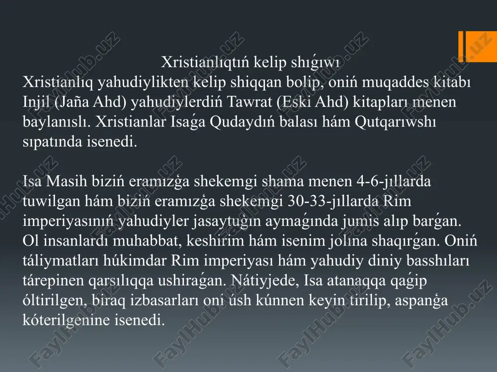 m sana menen súyiw. basqalardı ózin qanday súygen bolsa, sonday súyiw. isa masih óz shákirtlerin dushpanlardı da súyiwge hám keshiriwge shaqırgan. gúna hám qutqarılıw xristianlıq táliymatına muwapıq, insaniyat negizgi gúná menen tuwıladı. isa masihtiń atanaqta óliwi hám tiriliwi bul gúnadan azat boliw joli. insan iyman arqalı qutqarıladı hám máńgi ómirge ie bolıwı múmkin. aqıret hám máńgilik ómir xristianlıqta ómirden keyingi barlıq haqqında tómendegi túsinikler bar: jánnet - qudayǵa sadıq hám isa masihqa isengenler ushın máńgi baxıt jayı. dozaq - qudayǵa boysınbaǵanlar hám gúnaları ushın táwbe etpegenler ushın azap ornı. qıyamet kúni - quday barlıq adamlardı tiriltip, olardıń islerine qaray húkim etedi. xristian ámeliyatları xristianlıqta áhmiyetli diniy máresimler tómendegiler: suwģa shomiliw (baptizm) - bul xristian boliwdin simvollıq ibadatı bolip, gúnalardan tazalanıw hám jańa ómirge kiriwdi anlatadi. evoxaristiya (muqaddes keshki awqat) - isa masihtıń denesi hám qanı simvolı sıpatında nan hám sharaptı jew máresimi. ibadat (duwa) - quday menen pikirlesiw usılı. xristianlar …