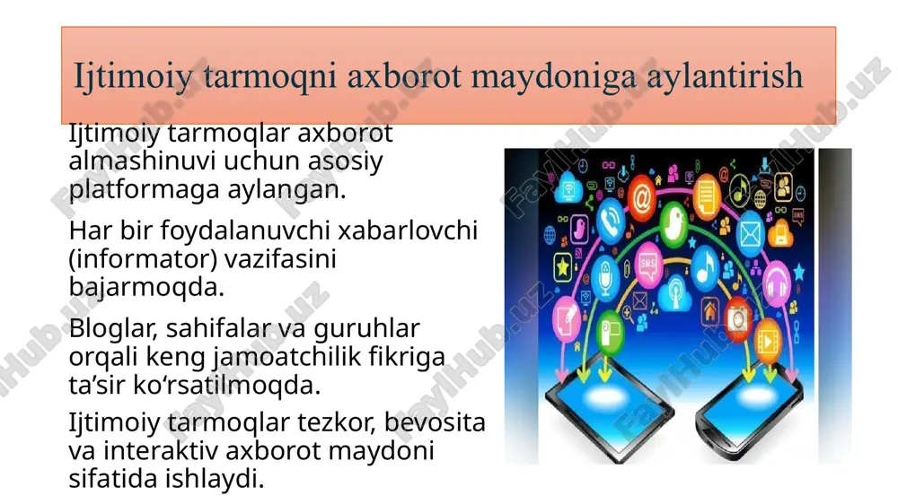 isbatan ehtiyotkorlik bilan yondashish zarur. axborot xurujlari, yolg‘on ma’lumotlar va noto‘g‘ri yo‘naltirilgan kontentlar jamiyat va yoshlar ongiga salbiy ta’sir ko‘rsatishi mumkin. shuning uchun ijtimoiy tarmoqlardan foydalanishda media savodxonlikni oshirish, tanqidiy fikrlashni rivojlantirish va ishonchli manbalarga tayanish har qachongidan ham muhimdir. faqat ana shunday yondashuvgina ijtimoiy tarmoqlarning salbiy emas, balki ijobiy imkoniyatlaridan oqilona foydalanishga xizmat qiladi. foydalanilgan adabiyotlar 1. karimov i.a. yuksak ma’naviyat — yengilmas kuch. — t.: ma’naviyat, 2008. 2. bobojonov s. zamonaviy axborot texnologiyalari va yoshlar. — t.: o‘zbekiston, 2020. 3. internet manbasi: www.ziyonet.uz — o‘zbekiston ta’lim portali 4. to‘xtaboyev a. axborot xavfsizligi va jamiyat ongini himoya qilish. — t.: akademnashr, 2019 5. matlubov a. ijtimoiy tarmoqlar: imkoniyat va xavf-xatarlar. — ilmiy maqola, “axborot jamiyati” jurnali, 2021. image1.jpeg image2.jpeg image3.jpeg image4.jpeg /docprops/thumbnail.jpeg