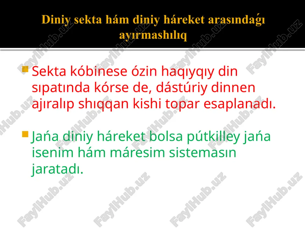 1995-jılı tokio metrosına salqın gazli hújim shólkemlestirgeni menen jaman belgili bolǵan. xxi ásirde qáliplesken jańa aǵımlar pastafarianizm - 2005-jili jaratılgan. satirik "ushıwshı spagetti monstir“na iseniw arqalı ilim hám din arasındaǵı anıqsızlıqlardı sınǵa aladı. jasalma intellekt shirkewi - 2015-jılı entoni levandowski tárepinen tiykar salınǵan. jasalma intellektti ilahiy kúsh sıpatında qabıl etiw ideyası. bahoi dini tiykarģı isenimler: quday birew hám barlıq dinler negizinde bir derekten. adamzat birden-bir shańaraq hám barlıq xalıqlar birlesiwi kerek. payǵambarlar (ibrahim, isa, muxammed hám basqalar) izbe-iz kelgen hám olardıń aqırģısı - bahawalla. ilim hám din únles bolıwı zárúr. mormonlar tiykarģı isenimler: iysa xristos haqıyqıy qutqarıwshı, biraq, bibliyaǵa qosımsha sıpatında "mormon kitabı" da ilahiy wahiy esaplanadı. quday, isa hám muqaddes ruwx - úsh ayrıqsha ilahiylik. shańaraq máńgi dawam etedi. hár bir insan qutılıwı ushın iyman, táubege keliw, shoqınıw hám "muqaddes ruwxtı qabıl etiw" zárúr. yahovaning shohidlari tiykarģı isenimler: yehova - jalǵız haqıyqıy quday. iysa xristos kudaydıń ulı, biraq kudaydıń …