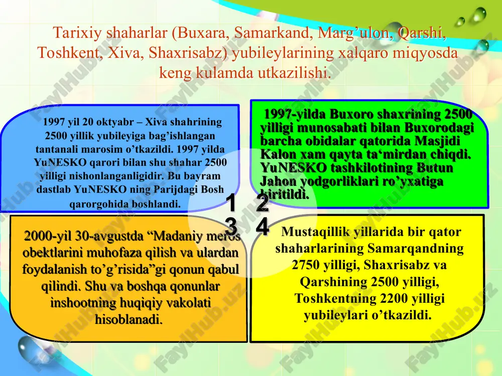 ’iziston teatrlarining 15 ta eng yaxshi tarixiy sahna asarlari namoyish etildi jamiyat madaniy-ma’rifiy hayotida muzeylar 1996 yil 18 oktyabrda toshkentda temuriylar tarixi davlat muzeyi ochildi. muzey temuriylar davrga xos tarixiy jihozlar, qurol-aslahalar, lashkarboshilar va oddiy jangchilarning kiyim-boshlari, oltindan yasalgan uy-buyum ashyolari, musiqa asboblari, amir temur, bobur qo’lyozmalari, ulug’bekning astronomik qurilmalari va boshqa 2000 dan ortiqroq tarixiy, madaniy yodgorliklar bilan jihozlangan. temuriylar tarixi davlat muzeyi o’zbekistonda amalga oshirilayotgan madaniy, ma’naviy, ma’rifiy ishlar, ilmiy tafakkur markaziga aylandi. o’zbekistonda umumiy maydoni 137150 kv.m.ni tashkil etadigan 510 ta muzey faoliyat ko’rsatmoqda. ularda 1,3 milliondan ortiq ajdodlarimiz tarixi, betakror madaniyatini aks ettiruvchi nodir buyumlar-eksponatlar saqlanmoqda va aholiga namoyish etilmoqda. mamlakatimizning me’moriy yodgorliklarga boy 10 ta shahri tarixiy shaharlar ro’yxatiga kiritilgan. 2500 ta me’moriy obida, 2700 ta arxeologik yodgorlik, 1800 monumental san’at asari davlat muhofazasiga olingan. sport mustaqillik yillarida 1992 yil 5 fevralda qabul qilingan o’zbekiston respublikasining «jismoniy tarbiya va sport to’g’risida»gi qonuni sportni ommaviy rivojlantirish …