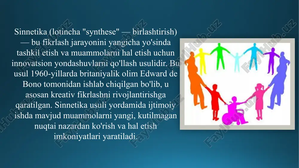 idan-to'g'ri, sub'ektiv, ramziy, fantastik ) tafakkurni rivojlantiradi; shaxsning meditatsiyasini oshirish, ob'ektga imkon qadar ko'proq e'tibor berishga yordam beradi, intuitiv jarayonni faollashtirish uchun maqbul sharoitlarni yaratadi. v.f. natali tadqiqot usulini muhokama qilar ekan, o'qituvchi yoki talabaning o'qituvchi bilan birgalikda topshiriq qo'yishi tadqiqot usulining mohiyatiga zid emasligini yozgan va buni hatto olimlar ham o'z muammolarini hal qilish usullarini qarzga olishlari mumkinligi bilan isbotlagan va talabalar. har doim ham o'z-o'zidan texnika va manipulyatsiyani kashf eta olmaydi. mustaqillikka, p.p. blonskiyning so'zlariga ko'ra, talabani asta-sekin pastga tushirish, unga ilmiy ish usullarini o'rgatish kerak. biroq, b.v. kabi o'qituvchilar. vsesvyatskiy va a.p. pinkevich o'qituvchi faqat talaba shug'ullanishi kerak bo'lgan maqsadni belgilashda ozgina yordam berishi mumkinligiga ishondi. birinchidan, muammoning umumiy belgilari muhokama qilinadi, birinchi yechimlar ilgari suriladi va bartaraf etiladi, analogiyalar yaratiladi va ishlab chiqiladi, muammoni tushunish uchun analogiyalardan foydalaniladi, muqobil variantlar tanlanadi, yangi analogiyalar izlanadi. shundan so'ng ular muammoga qaytadilar. sinektika usulini qo'llashda natijalarga qaramaslik tavsiya etiladi, …