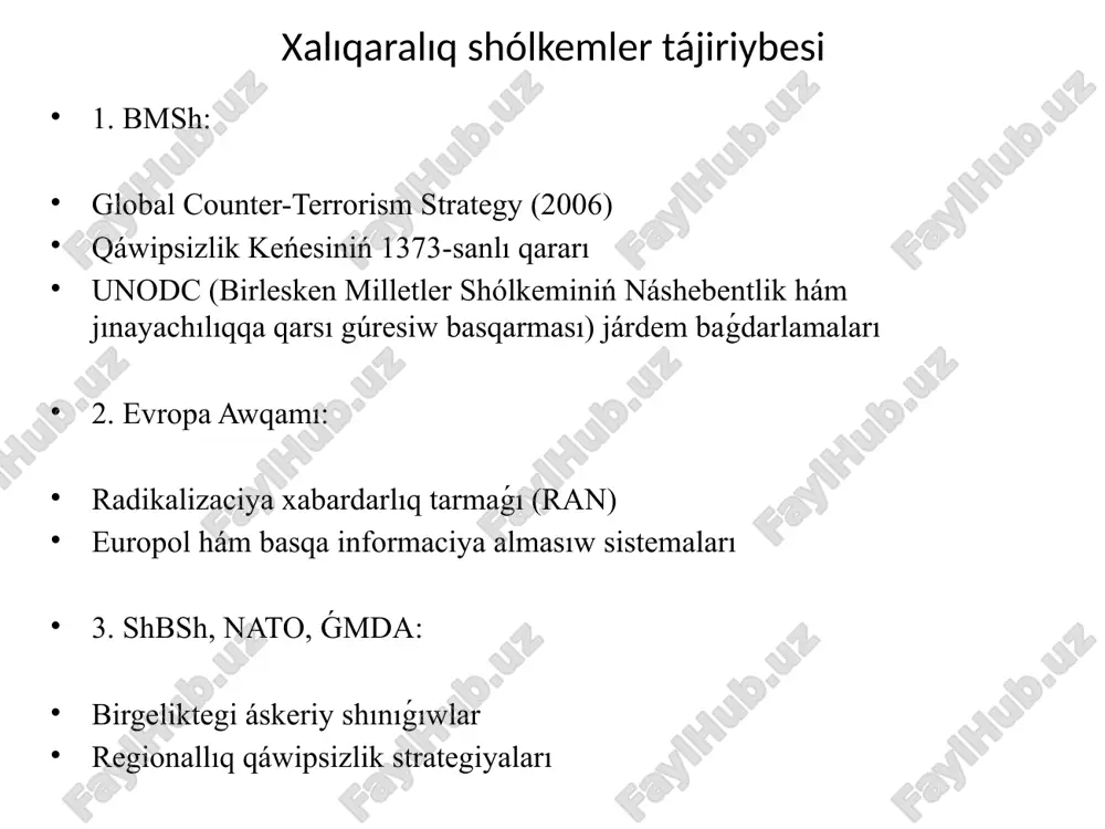 erroristlik toparlar haqqındaǵı maǵlıwmatlardı almasıw birge islesiwshi mámleketler arnawlı xızmetleri arasında operativ baylanıslar birgeliktegi áskeriy oqıw shınıǵıwların ótkeriw programmalıq hám kiber qáwiplerdi anıqlaw hám tallaw. huqıqıy tiykarlar shbsh aǵzaları arasında tómendegi xalıqaralıq hújjetler bar: shanxay birge islesiw shólkemi tárepinen 2001-jıl 15-iyunda «terrorizm, separatizm hám ekstremizmge qarsı gúres» konvensiyasi qabıllandı. "terrorizmge qarsı gúresiw haqqında"ǵı konvenciya (2009) "ekstremizmge qarsı gúresiw haqqında"ǵı shártnama (2017) jeke málimleme almasıwı boyınsha kelisimler shanxay birge islesiw shólkemi iskerliginde «úsh jawız kúsh», yaǵnıy «terrorshılıq», «ayırmashılıq» (separatizm) hám «ekstremizm»ge qarsı gúreste sheriklikti rawajlandırıw ayrıqsha orın tutadı. xalíq aralíq birge islesiw shbsh bmsh, ǵmda, oic (islam birge islesiw shólkemi), iran, awǵanstan hám basqa da regionallıq shólkemler menen birge islesedi. awǵanstandaǵı jaǵdayǵa baylanıslı terror qáwip-qáterlerine qarsı regionallıq qáwipsizlik strategiyası islep shıǵılǵan. ózbekstan hám ibshniń ekstremizm hám terrorizmge qarsı birge islesiw baǵdarları: 1. baslamashılıq: ózbekstannıń jetekshi roli. prezident shavkat mirziyoev ibsh minberinen turıp bir neshe márte ekstremizmge qarsı global gúreste diniy keńpeyillik …