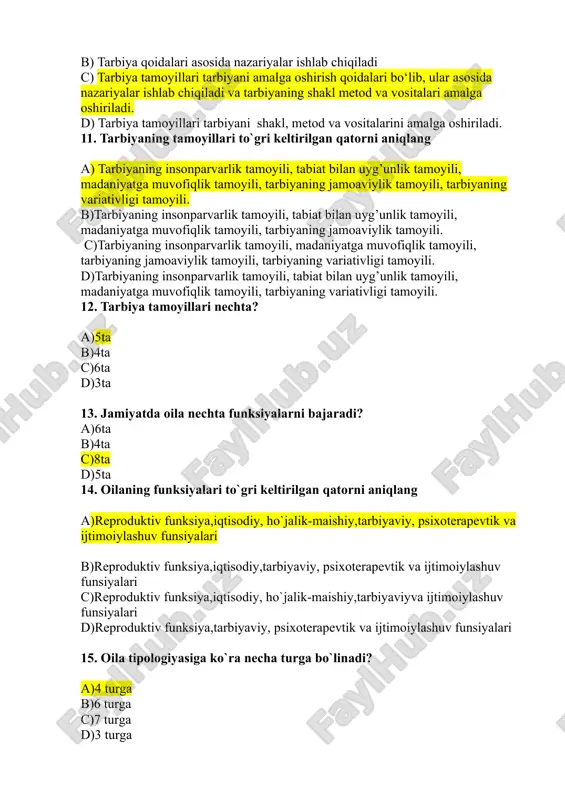 insonning jamiyatdagi muayyan huquqlari bilan tavsiflanmaydigan mavqei ijtimoiy maqom deyiladi c) insonning jamiyatdagi majburiyatlari bilan tavsiflanadigan mavqei ijtimoiy maqom deyiladi d) insonning jamiyatdagi muayyan huquq va majburiyatlari bilan tavsiflanadigan tamoyillari ijtimoiy maqom deyiladi 10. tarbiya tamoyillariga to`gri ta`rif berilgan qatorni aniqlang a)tarbiya tamoyillari tarbiyani amalga oshirish qoidalari b) tarbiya qoidalari asosida nazariyalar ishlab chiqiladi c) tarbiya tamoyillari tarbiyani amalga oshirish qoidalari bo‘lib, ular asosida nazariyalar ishlab chiqiladi va tarbiyaning shakl metod va vositalari amalga oshiriladi. d) tarbiya tamoyillari tarbiyani shakl, metod va vositalarini amalga oshiriladi. 11. tarbiyaning tamoyillari to`gri keltirilgan qatorni aniqlang a) tarbiyaning insonparvarlik tamoyili, tabiat bilan uyg’unlik tamoyili, madaniyatga muvofiqlik tamoyili, tarbiyaning jamoaviylik tamoyili, tarbiyaning variativligi tamoyili. b)tarbiyaning insonparvarlik tamoyili, tabiat bilan uyg’unlik tamoyili, madaniyatga muvofiqlik tamoyili, tarbiyaning jamoaviylik tamoyili. c)tarbiyaning insonparvarlik tamoyili, madaniyatga muvofiqlik tamoyili, tarbiyaning jamoaviylik tamoyili, tarbiyaning variativligi tamoyili. d)tarbiyaning insonparvarlik tamoyili, tabiat bilan uyg’unlik tamoyili, madaniyatga muvofiqlik tamoyili, tarbiyaning variativligi tamoyili. 12. tarbiya tamoyillari …