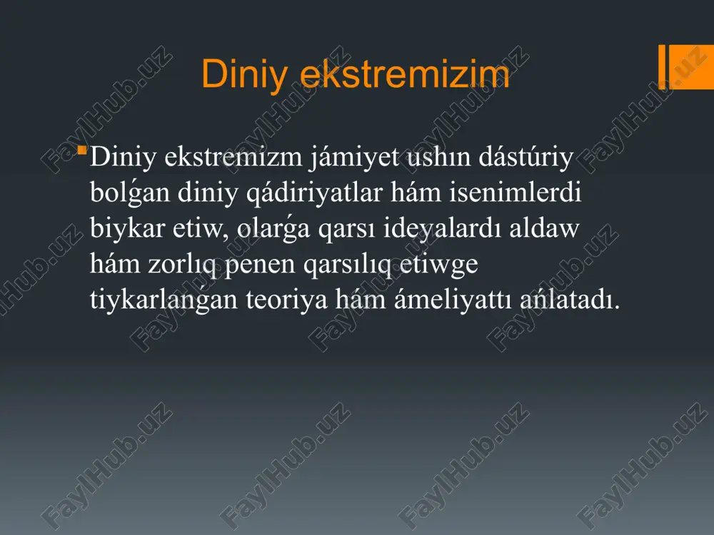 lgan. ayırım protestant toparlar bibliya (bibliya) tekstin sózbe-sóz talqılawdı qorǵadı. «fundamentalizm» termininiń tiykarınan xristian dini menen baylanıslıǵı fundamentalizm sózi dizbegi birinshi márte jáhán urısı ramazan yáki qurban hayttan aldıńǵı kúninde payda bolǵan protestantlikdaǵı ortodoksal aǵımlardı ańlatıw ushın isletilingen. bul aǵım 1910 jıldan keyin sol at penen atala baslaǵan. fundamentalistlar xristianlıqtıń dástúriy isenimlerine, ásirese bibliyanıń ulıwma jetiliskenligine ıseniwdi bekkemlew, onı sózbe-sóz túsindirme beriwge qatań ámel qılıwdı talap etedi. bul aǵım keyinirek amerikada keń tarqalıp ketti. 1919 jılı filadelfiyada jáhán xristian fundamentalistleri assotsiatsiyasına tiykar salindi. islamǵa tiykarlana qollanıla baslanıwı xx ásirdiń 70-jıllarınan baslap, «fundamentalizm» termini - quran hám hádislerde sózbe-sóz aytılıwshi, dáslepki islamǵa qaytıwǵa qaratılǵan isenimlerdi tarqatıwshı diniy-konservativ ruhtaǵı jóneliske salıstırǵanda isletildi. bunıń nátiyjesinde jáhán baspa sózlerde islam nıqabındaǵı dinge berilgen jawıngerliklerdi «fundamentalistler» dep ataw da ádet kórinisine kirdi. islamda: xx ásirde batıstıń tásirine hám sekulyar (dúnyalıq) basqarıwģa qarsı shiqqan toparlar islam fundamentalizmi formaların rawajlandırdı (misalı, "musilman biradarlar" háreketi, 1928-jili misrda shólkemlestirilgen). …
