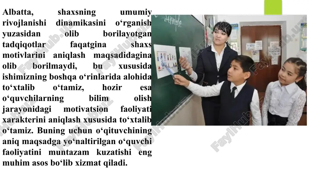 ish asnosida ekspert vazifasini bajaradi. ya'ni bolaning o‘tilgan mavzu materiallarini bilmasligiga aynan nima sabab ekanligini dialog jarayonida aniqlay olishi va uni bartaraf etish yo‘llarini bolaga taklif qila bilishi lozim. buning uchun esa o‘qituvchi mashq yoki masalani qaysi usul yoki yo‘l bilan bajariganligini yoki bajarishga uringanligini, topshiriqlarning mohiyatini bolaning qanchalik to‘g‘ri anglab yetganligini aniqlab olishi shart. bu kabi o‘quvchi bilan amalga oshirilgan dialog o‘ziga xos diagnostik xarakterga ega bo‘lib, o‘qituvchiga shu orqali o‘quvchining motivatsiyalari darajasini, ta'lim olishga bo‘lgan motivlarini to‘laligicha bilib olish imkonini beradi. e’tiboringiz uchun raxmat image1.jpeg image2.jpeg image3.jpeg image4.jpeg image5.jpeg image6.jpeg image7.jpeg image8.jpeg image9.jpeg image10.jpeg image11.jpeg image12.jpeg image13.jpeg image14.jpeg /docprops/thumbnail.jpeg