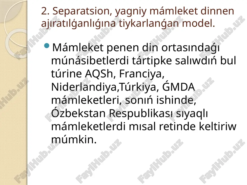 ǵı juwapkershilik sezimi, insanıylıqtıń tiykarǵı belgilerinen biri; hújdan- diyanat, insap, dep túsindirilgen. bunnan kórinip turǵanınday, hújdan sóziniń birinshi mánisi insannıń óz is-háreketleri ushın basqalar aldındaǵı juwapkershilik sezimi esaplanadı eken. konstituciyada huqiqiy ólshemde hújdan túsinigi "hújdan erkinligi“ formasında keledi. ózbekstannıń tiykarǵı nızamı – konstituciyada atap ótiliwinshe "hámme ushın hújdan erkinligi kepillenedi. hár bir insan qálegen dinge iseniw yaki hesh qanday dinge isenbew huqıqına iye. diniy kózqaraslardı májbúrlew sińdiriwge jol qoyılmaydı" (35-statya), degen qaǵıyda bekitilgen. konstituciyamızdaǵı norma tiykarında hújdan erkinligi úsh tárepti ańlatatuǵın huqıqıy kategoriya sıpatında kórinedi: - belgili bir shaxs qudayǵa iseniwi, qálegen dinine isenim etiwi múmkin; - qudayǵa hám dinge isenbewi, olarǵa neytral múmkin. - ateist, yaǵnıy hesh qanday dinge isenbey ǵana qoymastan, bálkim olardı biykarlawı múmkin. ózbekstanda mámleketlik hám diniy shólkemler ortasíndaǵí qatnasíqlar. insan hám puqaralardıń hújdan erkinligi huqıqın ámelge asırıwda diniy shólkemlerdiń áhmietli ornı bar. mámleket penen din ortasındaǵı qatnasıqlarda subyekt sıpatında bir tárepten iseniwshiler, yaǵnıy puqaralar, ekinshi …