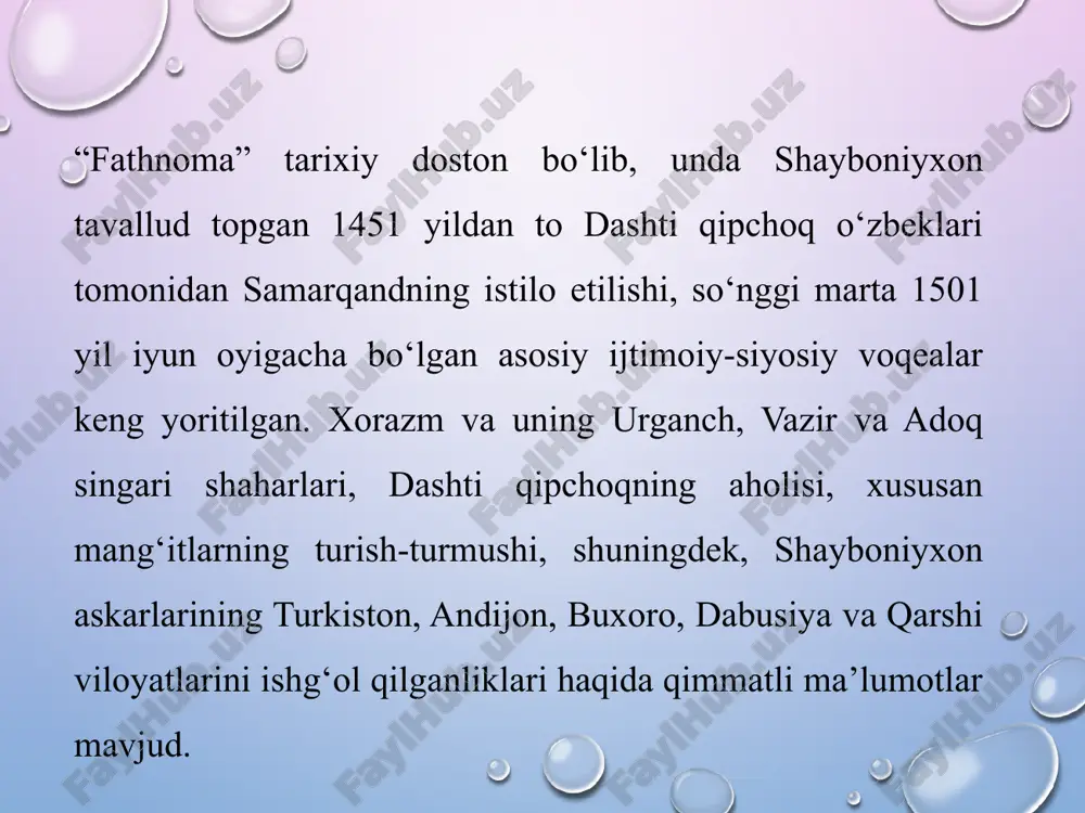 eni 3 yanvar 1501 yilgacha xizmatda bo‘ldi va boy kutubxonasiga mutasaddilik qildi. xondamir o‘zining keng va chuqur ma’lumotliligi, ilm-fanga chanqoqligi va salohiyati bilan ko‘plarning tahsiniga sazovor bo‘ldi. uning haqida alisher navoiyning “majolis un-nafois” tazkirasida mana bularni o‘qiymiz: “mavlono xondamir mirxondning farzandidir va salohiyatli yigitdir. tarix ilmida mahorati bordir...” “tarixi rashidiy” (1544-1546 yillarda kashmirda yozilgan) mashhur asar muallifi boburning kichik xolavachchasi mirzo muhammad haydar bo‘lib, uning ota-bobolari o‘rtubu, po‘lodchi, xudoydod, said ahmad, sonsiz mirzo, muhammad haydar, muhammad husayn turklashgan mo‘g‘ul urug‘laridan dug‘lot (mo‘g‘ulcha “dog‘olot”-cho‘loq) qabilasiga mansubdir. ular mo‘g‘uliston xonlari, chig‘atoylar davrida ulusbegi, koshg‘ar hokimi lavozimida turganlar. olimning otasi amir muhammad husayn bir vaqtlar andijonda umarshayx mirzo, so‘ngra toshkent hokimi sulton mahmudxon (1487-1508 yy.) xizmatida bo‘lgan. u 1495-1503 yillari ana shu sulton mahmudxon nomidan o‘ratepani idora qilgan. “tarixi rashidiy” abdullanoma” yoki “sharafnomayi shohiy” “abdullanoma” yoki “sharafnomayi shohiy” asarining ijodkori xvi asrda o‘tgan buxorolik shoir va yirik tarixchi olim hofiz tanish buxoriydir. u …