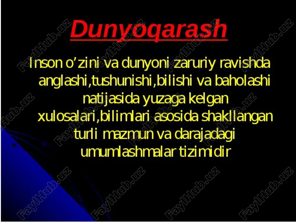 rishlarning faol ishtirokchilari bo`lishlik, tahlil yo`li bilan umumlashtira bilishni talab qiladi. . aql va bilim tajriba orqali qo`lga kiradi. demak, bilimli odam aqlli, mulohazali ham bo`ladi. biroq, ilmiy dunyoqarashni shakllantirishda gen (zot) ning ham juda ahamiyati katta. oldingi yevropalashtirilgan ta`lim va tarbiya uslubimizda qilingan xatolardan eng buyugi, bizningcha, zotga e`tibor bermaslik bo`lib, biz ta`lim oluvchining qobiliyatiga, uning zotiga e`tibor berib o`tirmay, agar yetarli bilimni bersak kutilgan shaxs shakllanaveradi, deb o`ylashimiz kerak edi ilmiy dunyoqarashni amalga oshirishda kishi narsa va buyumlarning, voqea va hodisalarning ko`rinib turgan ifodasiga, shakliga qarab emas, balki ularning ichki mohiyatiga, mazmuniga qarab baho berish kerak. shunday qilib, ilmiy dunyoqarashni shakllantirish bir, ikki, uch kishi yoki bir necha guruh tomonidan bo`lmay, balki ko`pchilik, ijtimoiy fikr tomonidan bajariladigan ijtimoiy-tarixiy harakterdagi hodisadir. demak, ilmiy dunyoqarashni shakllantirish kishidan ko`p mehnat, malaka talab qiladigan murakkab, sermashaqqat faoliyat sohasidir. etiboringiz uchun rahmat !!! image1.jpeg image2.jpeg image3.jpeg image4.jpeg image5.jpeg image6.jpeg image7.jpeg image8.jpeg image9.jpeg image10.jpeg …