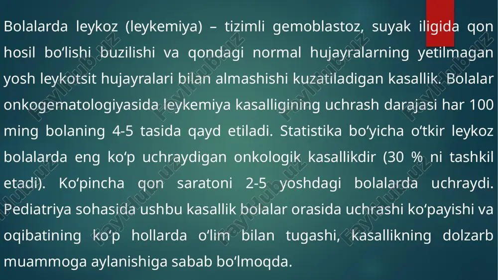 ga nima sabab bo’lganligi noma’lum. leykemiyaga xos bo’lgan hujayra dnk`ning bir xil turi xromosomalarning translokatsiyasi deb nomlanadi. ushbu jarayonda bir xromosomaning qismi uziladi va boshqa xromosomalarga qo’shiladi. sml`ning deyarli barcha hollarida, ba’zan esa boshqa oq qon kasalligi turlarida kuzatilgan bir translokatsiya 9 va 22 xromosomlalar orasida dnk almashinuvidir. ushbu jarayon filadelfiya xromosomasi deb ataladigan holatga olib keladi. bu bcr-abl deb ataladigan onkogen (saratonni rivojlantiruvchi gen) hosil qiladi. dnk`ning bu o’zgarishi nasldan naslga o’tmaydi, biroq inson hayotiga ta’siri bo’ladi. ko’pchilik leykemiya hollari nasliy bo’lib hisoblanmaydi, ammo ayrim genetik mutatsiyalar va sharoitlar avlodlarga uzatilishi mumkin. li-fraumeni sindromi deb ataladigan holat tp53 deb ataladigan o’simta supressor genida nasldan olingan mutatsiya bilan tavsiflanadi va bu holatda odamlarda leykemiya va boshqa saraton turlariga chalinish xavfini oshiradi. boshqa xavf tug’diradigan irsiy kasalliklarga daun sindromi, 1-toifa neyrofibromatoz, ataksiya telangiektaziya va noonan sindromi kiradi. xavf omillari ma’lumki, radiatsiyaviy ta’sir oq qon kasalligi rivojlanishi xavfini oshiradi. yadroviy hujumidan so’ng …