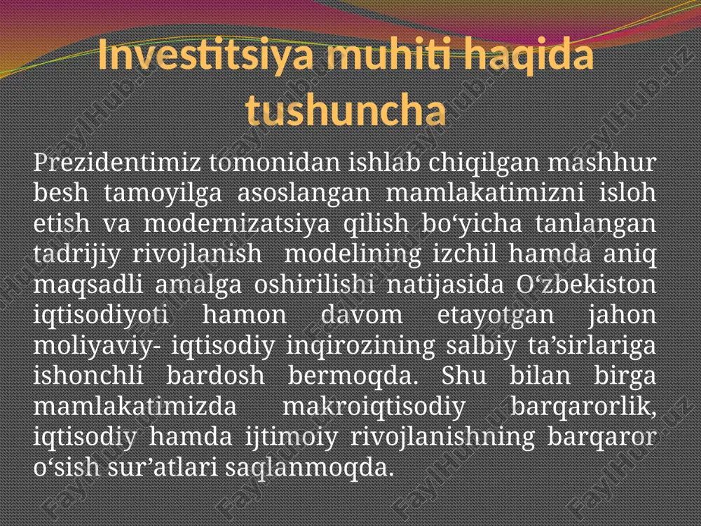 atimiz rahbarining “to‘g‘ridan-to‘g‘ri xorijiy investitsiyalar jalb etilishini rag‘batlantirishga oid qo‘shimcha chora-tadbirlar to‘g‘risida”gi farmoni qabul qilindi. bugungi kunda mamlakatimizda iqtisodiyotning yetakchi tarmoqlarida xorijiy investitsiyalar ishtirokida 4,2 mingdan ortiq korxona tashkil qilindi va muvaffaqiyatli faoliyat ko‘rsatmoqda. www.arxiv.uz qulay invistitsiya muhitini taminlash choralari bu esa xorijiy investorlarning o‘zbekiston iqtisodiyotining barqarorligi va mustahkamligiga, uni rivojlantirish istiqbollariga qiziqishi hamda ishonchi ortib borayotganidan yaqqol dalolat beradi. xo‘jalik sub’ektlari va aholining investitsion faolligini shirishga doir chora-tadbirlar ham korxonalarning o‘z mablag‘lari hisobidan investitsiyalar hajmini ko‘paytirish imkonini berdi. muhim investitsiya loyihalari natijada shu yilning to‘qqiz oyida 106 ta investitsiya loyihasini amalga oshirish nihoyasiga yetkazildi. “sho‘rtanneftgaz” unitar sho‘ba korxonasida propanbutan aralashmasi qurilmasini barpo etish (5-navbat), navoiy issiqlik elektr stansiyasida gaz siqish kompressor stansiyasini qurish, navoiy viloyatida texnik kremniy ishlab chiqarishni tashkil etish (i- bosqich), qalmaqir konini kengaytirish va rekonstruksiya qilish, navoiy kon-metallurgiya kombinatida ishqorli yuvish sexini kengaytirish, texnik va texnologik qayta jihozlash (i-bosqich), samarqand viloyatida yuk avtomobillari va tarkibiy qismlarini …