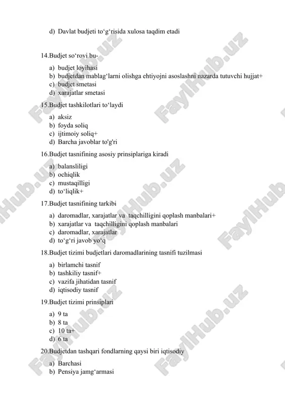 ko‘tarilgan mablag‘lardan qarz to‘lash+ b) qarzni bekor qilish c) kreditorlar tomonidan qarzning bir qismini hisobdan chiqarish d) to‘g‘ri javob yo‘q. 5.davlat tomonidan milliy manfaatlarni ta’minlash va himoya qilish uchun qanday siyosatdan foydalaniladi: a) soliq siyosati b) bojxona siyosati+ c) budjet siyosati d) ijtimoiy siyosat 6. davlat tomonidan qimmatli qog‘ozlarning qanday turlari chiqariladi a) banknot b) aksiya c) obligatsiya+ d) chek 7. davlatning moliya tizimi o‘z ichiga: a) davlat va hududiy moliya b) umumdavlat moliya, hududiy moliya, korxona moliyasi c) davlat va munitsipal moliya d) umumdavlat moliya, korxona moliyasi, uy xo‘jaliklari moliyasi+ 8. elektron tijorat soliqqa tortiladi a) xizmat+ b) savdo c) ishlab chiqarish d) barcha javoblar to'g'ri 9. forvard kurs bilan amalga oshiriladigan operatsiyalar a) valyuta operatsiyalari b) muddatli operatsiyalar+ c) joriy operatsiyalar d) barcha javoblar to‘g‘ri 10. ijtimoiy-iqtisodiy jarayonlarni nazorat qilish zaruriyatining asosiy sabablari o‘z ichiga olmaydi a) inqirozning oldini olishning ahamiyati b) jarayonlarning ma’lum rivojlanishida 100% ehtimollik yo‘qligi …