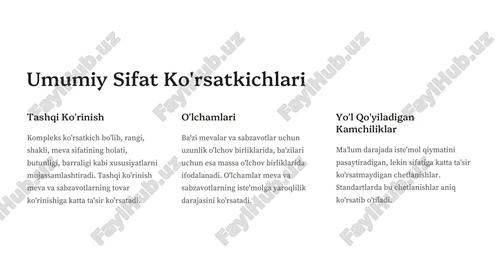 kesimining diametri asos qilib olinadi. 1 uzunlik bodring uchun. 2 diametr olma, nok uchun. 3 massa karam uchun. mahsulot sifatining xususiy ko'rsatkichlari xususiy ko'rsatkichlari meva va sabzavotlar biologiyasining o'ziga xosligi bilan asoslanadi. bularga quyidagilar kiradi: meva va sabzavotlarning pishib etilganlik darajasi, karam boshlarining zichligi va tozalanganlik darajasi, bosh piyozlarda po'stining qalinligi, qayta ishlanadigan kartoshkalarda kraxmal miqdori va boshqalar. pishganlik zichlik kraxmal pishganlik darajasi bu ko'rsatkich olma, nok, pomidor kabi qishloq-xo'jalik mahsulotlarining iste'mol qiymati va saqlanuvchanligi tavsiflaydi. bunday mevalar va sabzavotlar saqlaganda etiladigan qishloq xo'jalik mahsulotlari qatoriga kiradi. ko'pchilik meva va sabzavotlar uchun pishganlik darajasi alohida ko'rsatkich sifatida ajratilib ko'rsatilmasdan ularning kompleks ko'rsatkichi bo'lgan «tashqi ko'rinishi» ko'rsatkichida qaraladi. ta'rif iste'mol qiymati va saqlanuvchanlikni tavsiflaydi. ko'rsatkich kompleks ko'rsatkich "tashqi ko'rinishi"da qaraladi. misollar olma, nok, pomidor. meva va sabzavotlarning sifat gradastiyalari yangi uzilgan meva-sabzavot mahsulotlari sifati bo'yicha standart talabiga javob beradigan, standart talabiga javob bermaydigan, ya'ni nostandart va ovqatga ishlatib bo'lmaydigan (chiqit) kabi …