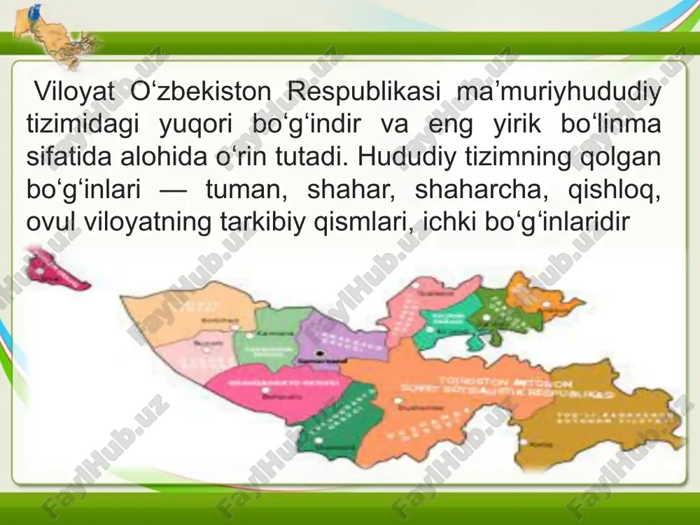 buloqboshi, bo'z, jalolquduq, izboskan, marhamat oltinko'l, ulug'nor, xo'jaobod, shahrixon, qo'rg'ontcpa) va 1 ta shahar (andijon, asaka, marhamat, oxunboboyev poytug', xonobod, xo'jaobod, shahrixon, qorasuv qo'rg'ontepa) mavjud. viioyatning markazi andijon buxoro viloyati — (1938- yil 15- aprelda tashkil etilgan) mavdoni 40,3 ming kvadrat kilometrni tashkil etadi, aholisi 1442,2 ming kishi. buxoro viloyati tarkibida 1 1 ta qishloq tumani fbuxoro, vobkent, jondor, kogon, olot, peshku, romiton, shofirkon, qoravuibozor, qorako'l, gmjduvon) va 1 1 ta shahar (buxoro, kogon, gmjduvon, g'alaosiyo, vobkent, olot, gazli, romiton, shofirkon, qorako'l, qorovulbozor) bor. viioyatning markazi buxoro shahridir. jizzax viloyati — (1973- yil 29- dekabrda tashkil etilgan) maydoni 21,2 ming kvadrat kilometrni tashkil etadi, viloyatda 996.9 ming kishi yashaydi. viloyat tarkibida 12 ta qishloq tumani (arna-soy, baxmal, do'stlik, jizzax, zarbdor, zafarobod, zomin, mirzacho'l, paxtakor, forish, yangiobod, g'allaoro!) va 7 ta shahar (dashtobod, do'stlik, jizzax, marjonbuloq, gagarin, paxtakor, g'allaorol) mavjud. viloyat markazi jizzax shahridir. navoiy viloyati — (1982- yil 20- aprelda …