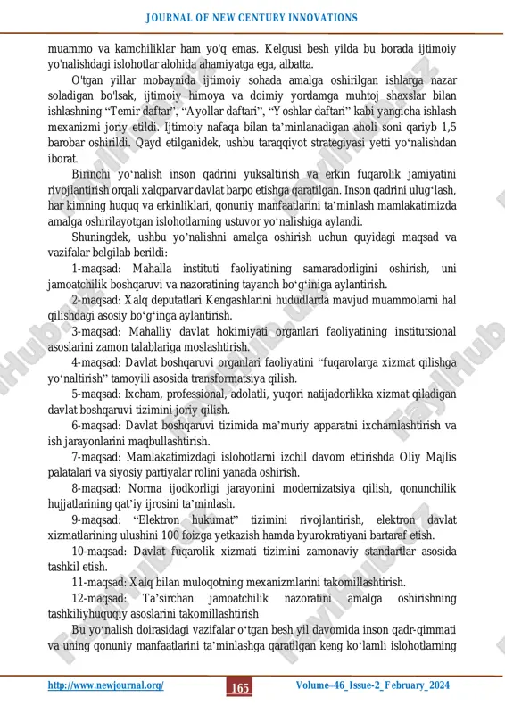 lqparvar davlat barpo etish, inson qadri-qimmati va uning qonuniy manfaatlarini ta’minlash, adolat va qonun ustuvorligi – xalqchil davlat qurish, inson qadr-qimmatini ta’minlash, milliy iqtisodiyotni rivojlantirish, adolatli ijtimoiy siyosat yuritish, inson kapitalini rivojlantirish, ma’naviy va ma’rifiy sohalarda islohotlarni amalga oshirish kabi muhim vazifalar belgilangan. bundan tashqari, global muammolarning milliy va mintaqaviy darajadagi yechimlarini topish, tinchlik va xavfsizlikni ta’minlash, xalqaro hamkorlikni rivojlantirish kabi masalalarga atroflicha to'xtalib o'tilgan. mazkur nutqda mamlakat rahbari kelgusi besh yil uchun ustuvor yo'nalishlarni belgilab berar ekan, yurtimizda yashayotgan har bir fuqaroning huquq va erkinliklari, qonuniy manfaatlari eng oliy qadriyat ekanligini alohida ta’kidlab o'tdi. ma’ruzaning e’tiborli jihatlaridan biri shundaki, yangi o'zbekiston taraqqiyot strategiyasida birinchi o'ringa shaxs, inson qadri yuqori o'ringa qo'yilib, “inson – jamiyat – davlat” degan yangi tamoyil asosida davlat va jamiyat boshqaruvini tashkil etadi. bir so'z bilan aytganda, amaliy natija, inson manfaati, uning qadr-qimmati bosh maqsadga aylangan. tan olib aytish joizki, o'tgan besh yilda ijtimoiy sohani rivojlantirish …