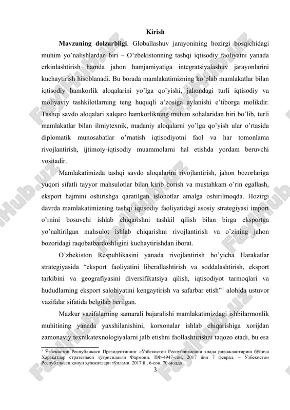 va global darajadagi raqobatbardoshligi bo’yicha qiyosiy ustunligi, tashqi iqtisodiy siyosatni ishlab chiqish va uni amalga oshirish bilan ko’p jihatdan bog’liq. amalga oshirilayotgan tarkibiy islohotlar bo’yicha qizg’in munozaralarning mavjudligiga qaramasdan, tashqi iqtisodiy siyosatni ishlab chiqishda, mamlakatning geografik, ishlab chiqarish va texnologik, mehnat resurslaridan foydalanish samarasini inobatga olish muhim o’rin tutadi. chunki, xalqaro mehnat taqsimotining kuchayishi xalqaro moliyaviy munosabatlar ishtirokchilaridan yuqori darajadagi raqobatbardoshlikni talab etadi. iqtisodiy xavfsizlikni ta’minlash har bir mustaqil davlat uchun muhim ahamiyat kasb etadi. iqtisodiy xavfsizlikni ta’minlashning dolzarbligi uning milliy iqtisodiyotning aholi uchun normal hayot kechirish sharoitlarini, uni barqaror tarzda resurslar bilan ta’minlash, milliy davlat manfaatlarini ro‘yobga chiqara olishga qodirligi bilan ham belgilanadi. ayniqsa, yesh mustaqil davlatlar iqtisodiyotining biryoqlamaligi va qaramligi, aholining past turmush darajasi o‘zida ijtimoiy tahdidni ifodalab, xavfsizlikni saqlashga salbiy ta’sir ko‘rsatadi. milliy iqtisodiyotning turli ichki va tashqi tahdidlarga bardoshliligi hamda iqtisodiy xavfsizlikni ta’minlash, uning jahon iqtisodiy tizimida raqobatbardoshligini oshirishga oid masalalarni tahlil qilish mazkur o‘quv qo‘llanmaning …
