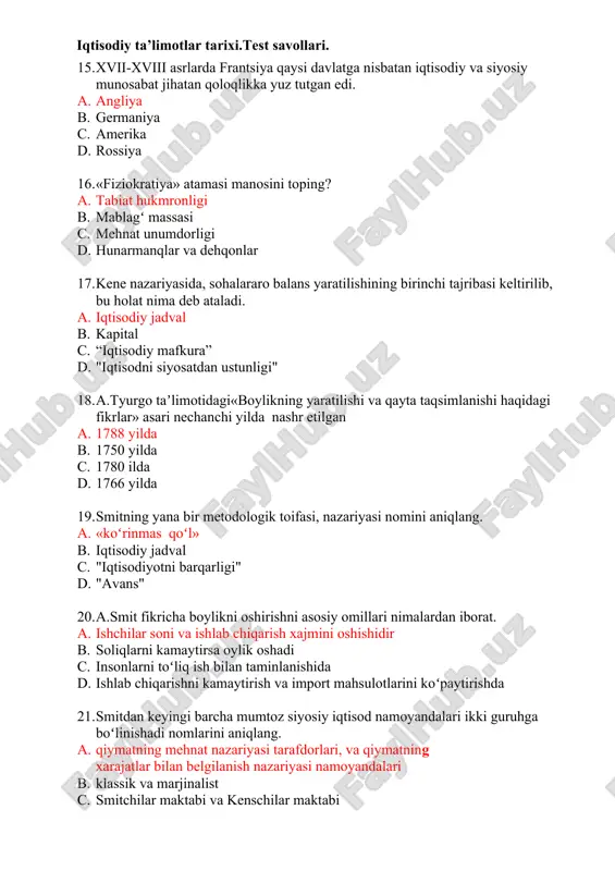 dan keyingi barcha mumtoz siyosiy iqtisod namoyandalari ikki guruhga boʻlinishadi nomlarini aniqlang. a. qiymatning mehnat nazariyasi tarafdorlari, va qiymatning xarajatlar bilan belgilanish nazariyasi namoyandalari b. klassik va marjinalist c. smitchilar maktabi va kenschilar maktabi d. smitni taʼlimoti va smitni nazariyasi 22. “non qonunlari” deb atalgan munozarada qatnashgan iqtisodchi olimni aniqlang a. david rikardo b. a.smit c. f.kene d. u.petti 23. rikardo, oʻzining mehnat qiymati haqidagi nazariyasida qaysi iqtisodchilarni narx belgilanishi haqidagi fikrlarini umulashtirgan. a. smit, sey va malʼtus b. t. gobs va t.j. lokk c. dj.s.millʼva k. marks d. kene va u.petti 24. jan batist seyning olti tomdan iborat boʻlgan yirik asarini nomini aniqlang. a. «siyosiy iqtisod kursi" b. “siyosiy iqtisod boshlanishi” c. "non narxi" d. “siyosiy iqtisod taʼlimoti” 25. xix asrning ikkinchi yarmida yashab oʻtgan mashhur rus iqtisodchisi a.i. chuprovning asarini nomini aniqlang. a. «siyosiy iqtisod» b. «siyosiy inqilob» c. "chuprovni iqtisodiy taʼlimoti" d. iqtisodiy jadval 26. ingliz iqtisodchisi …