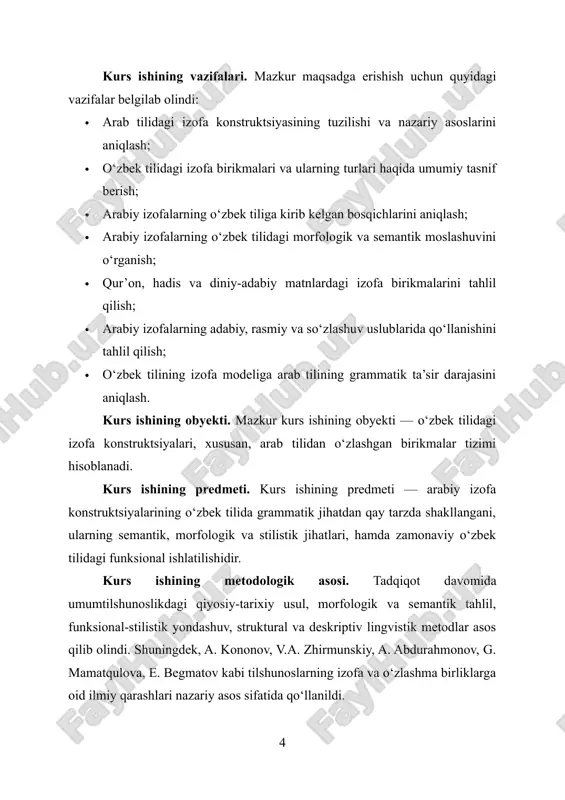 , arab tilidan o‘zlashgan birikmalar tizimi hisoblanadi. kurs ishining predmeti. kurs ishining predmeti — arabiy izofa konstruktsiyalarining o‘zbek tilida grammatik jihatdan qay tarzda shakllangani, ularning semantik, morfologik va stilistik jihatlari, hamda zamonaviy o‘zbek tilidagi funksional ishlatilishidir. kurs ishining metodologik asosi. tadqiqot davomida umumtilshunoslikdagi qiyosiy-tarixiy usul, morfologik va semantik tahlil, funksional-stilistik yondashuv, struktural va deskriptiv lingvistik metodlar asos qilib olindi. shuningdek, a. kononov, v.a. zhirmunskiy, a. abdurahmonov, g. mamatqulova, e. begmatov kabi tilshunoslarning izofa va o‘zlashma birliklarga oid ilmiy qarashlari nazariy asos sifatida qo‘llanildi. kurs ishining ilmiy-amaliy ahamiyati. mazkur tadqiqot o‘zbek tilining tarixiy taraqqiyoti jarayonida shakllangan o‘zlashmalarni aniqlash, ularning bugungi kundagi semantik faoliyatini baholash, izofa birliklarining stilistik-funksional jihatlarini tushunishda katta ilmiy va amaliy ahamiyatga ega. ayniqsa, ushbu natijalar o‘zbek tili darsliklari, uslubshunoslik va tarjimashunoslik sohalarida, til o‘rgatish metodikasi va leksikografik ishlarda qo‘llanishi mumkin. kurs ishining strukturaviy tuzilishi. kurs ishi kirish 3 bob, 9 ta reja, xulosa va foydalanilgan adabiyotlar ro‘yxatidan tashkil …