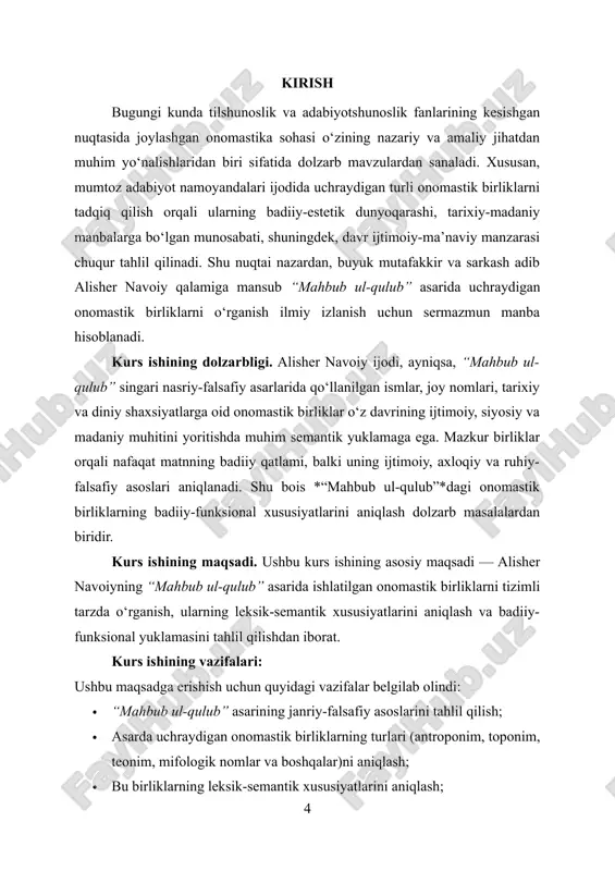 yati shundaki, unda alisher navoiy ijodining kam o‘rganilgan jihatlaridan biri — onomastik birliklarning badiiy va g‘oyaviy yuklamasi tahlil qilinadi. amaliy nuqtai nazardan esa, bu tadqiqot maktab va oliy ta’lim darsliklarida, navoiy asarlarini o‘rganishda, adabiy tahlil kurslarida, shuningdek, tarjima jarayonlarida muhim qo‘llanma vazifasini o‘tashi mumkin. kurs ishining strukturaviy tuzilishi. kurs ishi kirish 3 bob, 9 ta reja, xulosa va foydalanilgan adabiyotlar ro‘yxatidan tashkil topgan. i bob. “mahbub ul-qulub” asarining badiiy-falsafiy mohiyati va undagi onomastik birliklarning o‘rganilishi 1.1. alisher navoiy ijodiy merosi va “mahbub ul-qulub” asarining o‘rni alisher navoiy ijodiy merosi o‘zbek mumtoz adabiyoti tarixida, qolaversa, jahon adabiy tafakkurining taraqqiyotida muhim o‘rin egallaydi. u o‘z asarlari orqali nafaqat adabiy til va poetik an’analarni takomillashtirgan, balki sharq falsafasi, tasavvuf ilmi, axloqiy-ijtimoiy qarashlarning badiiy ifodasini ham yangi bosqichga olib chiqqan. navoiy hayoti davomida yaratgan she’riy devonlari, dostonlari, ilmiy va falsafiy risolalari, tarixiy asarlari o‘zbek adabiyoti tarixida chuqur iz qoldirgan bebaho merosdir. uning badiiy tafakkuri …