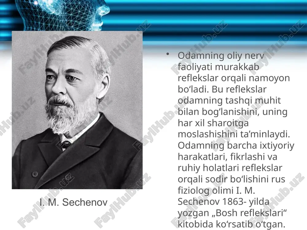 nduksiya qonuni asosida bajariladigan refleks markazining ishini tormozlaydi va refleks vaqtincha to‘xtab qoladi. shuningdek, rasmda elektr lampa yorug‘ligi ta’sirida itda so‘lak ajralishining shartli refleksi, kuchli qo‘shimcha yot qitiqlagich sifatida qo‘ng‘iroq tovushi ta’sir etishi natijasida eshitish markazining qo‘zg‘alishi, shartli refleks markazlari tormozlanganligi va so‘lak ajralishi to‘xtab qolganligini ko‘rish mumkin. refleks turlari. reflekslar yuzaga kelish sababiga, ahamiyatiga, natijasiga va boshqa xususiyatlariga ko‘ra quyidagi turlarda bo‘ladi: biologik ahamiyatiga ko‘ra: — ovqatlanish reflekslari — organizmni ovqat bilan ta’minlashga qaratilgan; — himoyalanish reflekslari — organizmni tashqi muhitning noqulay ta’sirlaridan himoya qilishga qaratilgan; — mo‘ljal olish refleksi — notanish joylarga borib qolganda odam o‘zi turgan joyni, yo‘lni aniqlashga qaratilgan; — jinsiy reflekslar — nasl qoldirishga qaratilgan. reflekslar natijasiga ko‘ra, musbat va manfiy bo‘ladi: — musbat reflekslar ma’lum bir ishni bajarishga qaratiladi. masalan, yurish, yugurish, ovqatlanish, o‘qish, yozish, gapirish va hokazo. svetoforning yashil chirog‘ida odam harakat qilib ko‘chani kesib o‘tadi. o‘qituvchi o‘tgan darsni so‘raganda o‘quvchi o‘rnidan turib …
