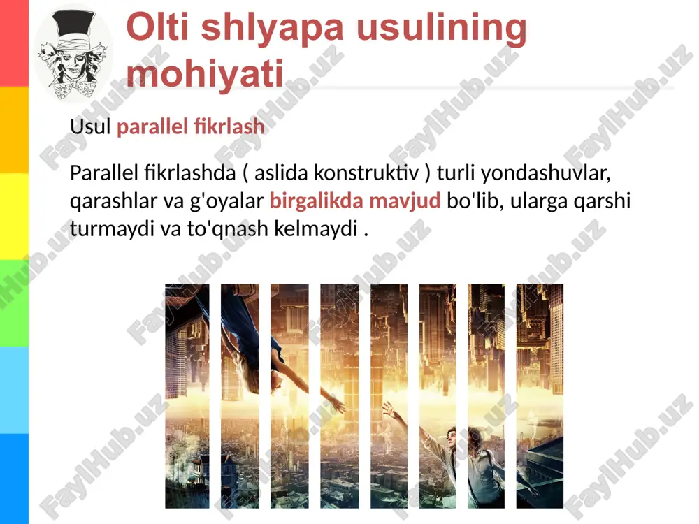 hokama bo'lsa). 8 sariq shapka pozitiv shlyapa qo'yib , biz yechim yoki taklif keltiradigan kutilgan foyda haqida o'ylaymiz, biz ma'lum bir g'oyaning foydalari va istiqbollari haqida o'ylaymiz. sariq shlyapa ijobiy. uni qo'yib, biz yechim yoki taklif keltiradigan taxminiy foyda haqida o'ylaymiz, biz ma'lum bir g'oyaning foydalari va istiqbollari haqida fikr yuritamiz. va agar birinchi qarashda bu g'oya yoki qaror yaxshi natija bermasa ham, bu optimistik tomonni ishlab chiqish va yashirin ijobiy manbalarni aniqlashga harakat qilish muhimdir. 9 qora shapka ushbu shlyapada faqat vaziyatni qora shlyapa sariq rangga mutlaqo ziddir. qora shlyapa sariq rangga mutlaqo ziddir. ushbu shlyapada faqat vaziyatning tanqidiy baholari (g'oyalar, echimlar va boshqalar) xayolga kelishi kerak: ehtiyot bo'ling, mumkin bo'lgan xavf va maxfiy tahdidlarga, muhim va xayoliy kamchiliklarga qarang, tuzoqlarni qidirish rejimini yoqing va biroz turing. pessimistik. 10 yashil shlyapa ijodiy shlyapa va ijodkorlik , muqobillarni topish va o'zgartirishlar kiritish har xil o'zgarishlarni ko'rib chiqing , yangi g'oyalarni …