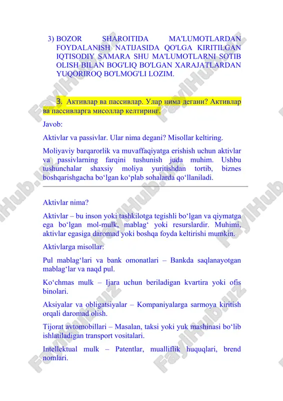 matga ega bo‘lgan mol-mulk, mablag‘ yoki resurslardir. muhimi, aktivlar egasiga daromad yoki boshqa foyda keltirishi mumkin. aktivlarga misollar: pul mablag‘lari va bank omonatlari – bankda saqlanayotgan mablag‘lar va naqd pul. ko‘chmas mulk – ijara uchun beriladigan kvartira yoki ofis binolari. aksiyalar va obligatsiyalar – kompaniyalarga sarmoya kiritish orqali daromad olish. tijorat avtomobillari – masalan, taksi yoki yuk mashinasi bo‘lib ishlatiladigan transport vositalari. intellektual mulk – patentlar, mualliflik huquqlari, brend nomlari. biznes va tadbirkorlik faoliyati – do‘kon, kafe, xizmat ko‘rsatish markazlari. eng muhim narsa shundaki, aktivlar daromad keltirishi yoki kelajakda foyda olish imkoniyatini yaratishi kerak. agar biror narsa faqat xarajat talab qilsa va daromad keltirmasa, u aktiv emas. passivlar nima? passivlar – bu shaxs yoki tashkilotning moliyaviy majburiyatlari bo‘lib, ular qarz yoki xarajat shaklida bo‘ladi. boshqacha aytganda, passivlar moliyaviy oqimni kamaytiradigan har qanday narsa bo‘lishi mumkin. passivlarga misollar: bank krediti va qarzlar – foiz to‘lanishi kerak bo‘lgan kreditlar. ipoteka – uy …