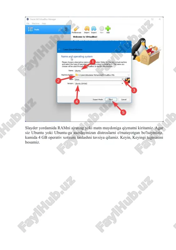 ab olishlar sahifasidan yuklab olamiz. virtualbox-ni oching va asboblar ni, so'ng preferences ni bosamiz. kengaytmalar yorlig'iga o'tamiz. oynaning eng o'ng burchagida joylashgan kichik + belgisini bosamiz. yuklab olish joyidan virtualbox kengaytma paketini tanlaymiz va ochish tugmasini bosamiz. nihoyat, o'rnatish tugmasini bosamiz. va ubuntu wsl sifatida ish boshlaydi. sudo adduser orqali user qo’shamiz ubuntu foydalanish uchun tayyor. image2.png image3.png image4.png image5.png image6.png image7.png image8.png image9.png image10.png image11.png image12.png image13.png image14.png image15.png image16.png image17.png image18.png image19.png image20.png image21.png image1.png