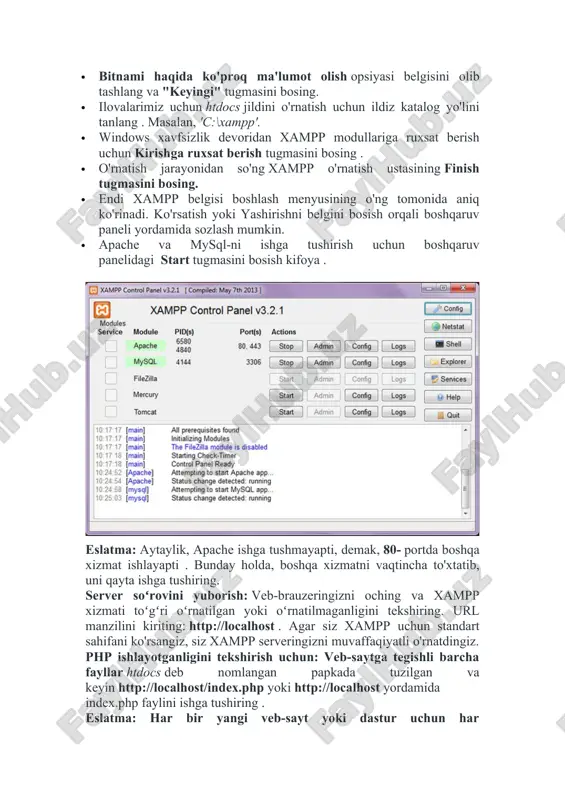 hp faylini ishga tushiring . eslatma: har bir yangi veb-sayt yoki dastur uchun har doim htdocs ichida boshqa papka yaratish , uni tartibli saqlash va chalkashliklarga yo'l qo'ymaslik yaxshiroqdir. misol uchun, agar biz geeksforgeeks papkasini yaratsak va keyin 'helloworld.php' deb nomlangan faylni yaratsak . u bilan bog'liq barcha tarkib "geeksforgeeks" papkasida joylashgan . shunday qilib, veb-saytning ildiz 'url'si 'http://localhost/geeksforgeeks/' bo'ladi . shunday qilib, har qanday bosh sahifaga brauzerda ildiz url manzilini kiritish orqali kirish mumkin. natijani ko'rish uchun "http://localhost/geeksforgeeks/helloworld.php" ni kiriting. odatda veb-serverlar veb-sayt papkasining ildizida indeks faylini (ochilish sahifasi), ya'ni index.html yoki index.php izlaydi . /xampp/htdocs/ jildiga o'ting va .php kengaytmali (test.php) fayl yarating va quyidagi kodni kiriting yoki nusxa oling va uni saqlang. · php endi brauzeringizni oching va “http://localhost/test.php” ga oʻting , agar siz quyidagi sahifani koʻrsangiz, php muvaffaqiyatli oʻrnatilgan. image1.jpeg image2.jpeg image3.jpeg image4.jpeg