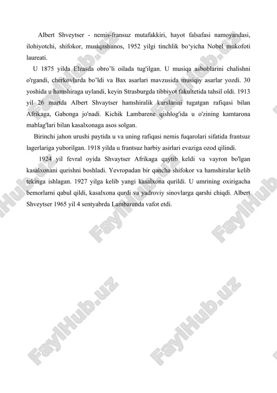 falsafasi" (1899), "raymardan vredegacha. iso masih hayotini oʻrganish tarixi" (1906), "i.s.bax" (1905), "madaniyat falsafasi" (1923), "nasroniylik va jahon dinlari" (1923), "havoriy pavelning mistikasi" (1929), "hind mutafakkirlarining qarashlari" (1995). a. shveyserning universal etikasi. bioetika tafakkuri faqat xx asrga kelib, inson o‘zini qurshagan hamma narsalarga axloqiy munosabatda bo‘lishi zarurligi asoslab berilganidan keyingina teran mazmun kasb etdi. mazkur g‘oyani xx asrning buyuk insonparvar olimi doktor albert shveyser (1875-1965) asoslab berdi. u zamonaviy dunyoqarashning bir qismiga aylangan izchil etik-falsafiy tizim – universal etikani yaratdi. «insonning insonga munosabatini ko‘rib chiqish kerak, degan g‘oya mavjud barcha etikalarning xatosi bo‘lgan. vaholanki, amalda inson o‘zini qurshagan barcha narsalarga qanday munosabatda bo‘lishi haqida so‘z yuritish lozim», deb ko‘rsatdi u. 1924 yilda albert shveyser qalamiga mansub «madaniyat va etika» kitobining chop etilishi etikaning muqobil konsepsiyalarini yaratish sohasida muhim hodisa bo‘ldi. mazkur kitobda olim yangi etika – universal etikani, «hayotni hurmat qilish etikasi»ni asoslab berdi. barcha tirik mavjudotlarga axloqiy munosabatda bo‘lish …