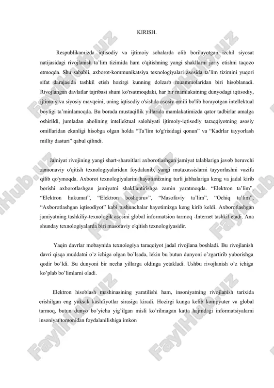jud bo’lib, ularning asosiy qismini pentium rusumli zamonaviy kompyute rlar tashkil etadi. bu kompyuterlar zaruriy dasturiy maxsulotlar bilan ta'minlangan. navbatdagi dolzarb vazifalar sifatida dunyoda mavjud bo'lgan ilg’or va zamonaviy informatsion-pedagogik texnologiyalarni o’rganish, ularni o’quv jarayoniga tadbiq etish, oliy o’quv yurtlari, akademik litseylar va kasb-xunar kollejlari o’rtasida yagona muassasalarida tayyorlanayotgan elektron darsliklar bilan boyitish kabilar belgilangan. bugungi kunda ma’lumotlar bazasiga bo’lgan talab va extiyoj kun sayin ortib bormoqda. shu sababdan ko’plab korxona va tashkilotlarda mb bilan ishlovchi kadirlarga bo’lgan talab ortib bormoqda. bizga ma’lumki har qanday tashkilot va korxonalar, u xususiy yoki davlat tasarrufida bo’lishidan qatiy nazar o’zining mb ga ega bo’lishi shart. i. asosiy qism ms access va uning ishchi oynasi mbbt access ning barcha vazifalari va imkoniyatlarini o’rganib uni ishlatish texnologiyasi bilan tanishib chiqamiz, hamda olib boriladigan amaliy mashgulotlarni shu mbbt da tashkil etishni tavsiya qilamiz. buning uchun avvalo microsoft access bajaradigan vazifalari, uning oynasi va ish yurituvchi asosiy …