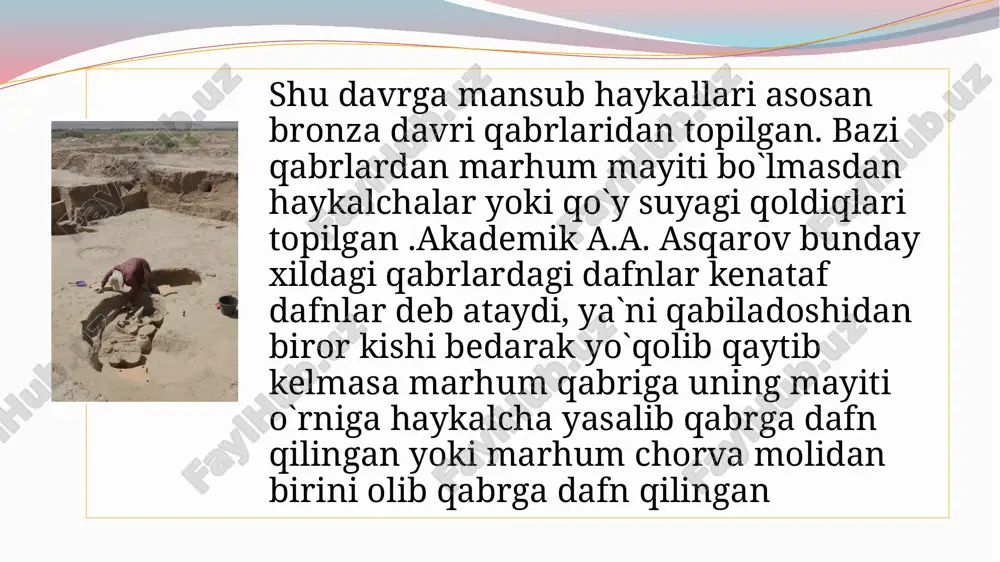 zini o`rtacha kattalikda ochirib qo`yibdi. iyak qismi ham uzun og`ziga tog`ri moslashtirilgan lekin ustamiz ishlarida anatomik kamchiliklar ham yo`q emas. haykalning peshona qismi nihoyatda qisqa qoshiga bosh qism birlashib ketgan. yuz qismida yonoq suyaklari tasvirlanmagan yonoq o`rni ichkariga kirgizilib yuborilgan, boshning orqa tarafi pachoqlashib ketgan, shakl jihatdan yalpoqlashtirilgan. bo`yin qismi ham haykalning boshiga mos emas. jarqo`ton haykalida vafot etkan insonning real obrazi badiiylashtirilgan. haykalda anatomik tuzilishiga ko`ra yevrapoid qiyofali inson tasvirlangan bu davrda tegishli bo`lgan sopollitepa va jarqo`ton qabrlarning o`rganilishi natijasida sopolli madaniyati aholisi antrapologik kelib chiqishi jihatidan yevrapoid irqining sharqiy o`rtayer dengizi tarmog`iga mansubligi aniqlangan va buni o`rganayotgan haykalimiz ham antrapologik dalil sifatida tasdiqlamoqda. tasviriy san`at tarixida real obrazlarning haykaltaroshlikda ilk bor qo`llanishi bronza davri qadimgi sharq sivilizatsiyasi markazlari bilan bevosita bog`liqdir. qadimgi ikki daryo oralig`idagi er.avv xxiv-xxii asrlarda akkad podsholigi davri haykaltaroshligida real badiiylashtirilgan obrazlar ilk bor paydo bo`ladi va bu davr namunalarida inson obrazi hayotiy va anatomik …
