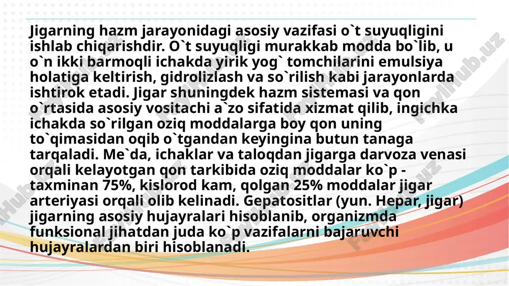 ib, aksincha o2 to`yingan qon olib keladi; ■ bitta yoki ikkita kichik o`t naychasi bir qavatli kubsimon epiteliy bilan qoplangan. jigar kasalliklari ko’pgina jigar kasalliklarini davolash mumkin bo’lgan bosqichda yashirin ravishda kechadi. alomatlar jigar allaqachon sezilarli darajada shikastlanganda va jiddiy buzilishlar yuzaga kelganida sezila boshlaydi. o’ta murakkab holatlar jigar kasalligi bemorning o’limiga olib kelishi mumkin. ushbu a’zoning keng tarqalgan va havfli sanaladigan potologiyalari orasida sirroz yetakchi o’rinlardan birini egallaydi. ammo sirroz juda kamdan-kam hollarda «o’z-o’zidan» rivojlanadi. hozircha ushbu muammolar bilan shug’ullanadigan alohida mutaxasislari kamligi kabi, jigar kasalliklarining yagona tavsifi ham yo’q. ko’pincha jigar og’rig’idan shikoyat qiladigan bemorlarni infeksionni kasalliklar bo’yicha mutahasislar va terepevtlar qabul qilishadi. jigar hujayralariga zarar yetishiga quyudagi omillar sabab bo’lishi mumkin: – lipid almashinuvining buzilishi: natijada jigar hujayralarida yog’ to’planib qoladi. buning oqibatida birinchi navbatda steatoz, so’ngra steatogepatit rivojlanadi. – ko’p miqdorda glukoza va fruktoza istemol qilish. barcha uglevodlar orasida sof glukoza va fruktoza tezda yog’ kislotalarga …