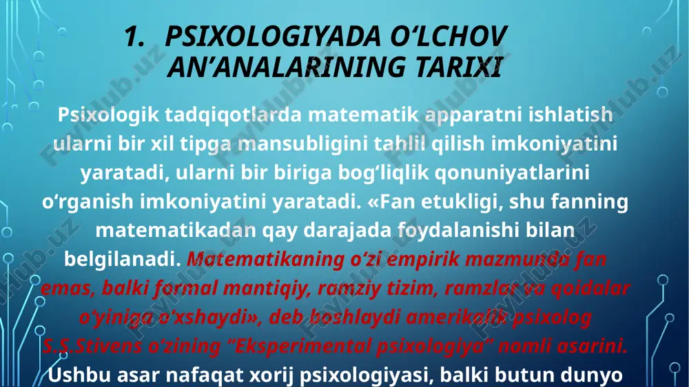 o‘z ifodasini topgan. o‘zining ma’ruzasida muallif individga xos bo‘lgan o‘lchash, taqqoslash, baholash holatini keltirgan. bu nuqtai nazardan esa psixologik tadqiqotlarda matematik usullardan foydalanish zarurati mavjudligini ko‘rsatadi. sovet ittifoqida ham matematik statistika qo‘llana boshlandi. buni b.f.lomov, b.g.ananev, a.n.leontevlarning ishlarida ham kuzatishimiz mumkin. ko‘p o‘lchamli statistik metodni tarqalishida b.m.teplov va v.d.nebilitsinlarning hissasi katta. sssrning har yilgi konferensiyalarida matematik psixologiyaga bag‘ishlangan maxsus seksiyalar tashkil qilingan. rossi fanlar akademiyasining psixologik institutida v.yu.krilov boshchiligida matematik psixologiya laborotoriyasi tuzilgan. 3. hozirgi zamon fanida va psixologiyada oʻlchov tushunchasi zamonaviy psixologiyada va fanlarda o‘lchovlar. shuni ta’kidlash kerakki, matematik psixologiyaning rivojlanishi bo‘yicha sovet psixologiyasi orqada qolayotgan edi. bunga ikkita sababni ko‘rsatish mumkin. birinchidan, matematika fanining amaliy ahamiyatini etarlicha anglanmaganligi, ilmiy matematika rivojlangan, har bir soha vakillari matematikani o‘zlarining ehtiyojlariga ko‘ra o‘zlashtirishganidir. 1933 yilda a.n.kolmogrovni ehtimollar nazariyasi bo‘yicha ilmiy ishi chop qilindi. bu asar birinchi bo‘lib rus tilida 1936 yilda nashr qilingan. ikkinchidan, 40 yillarning oxiri 50 yillarning boshlarida fandagi …