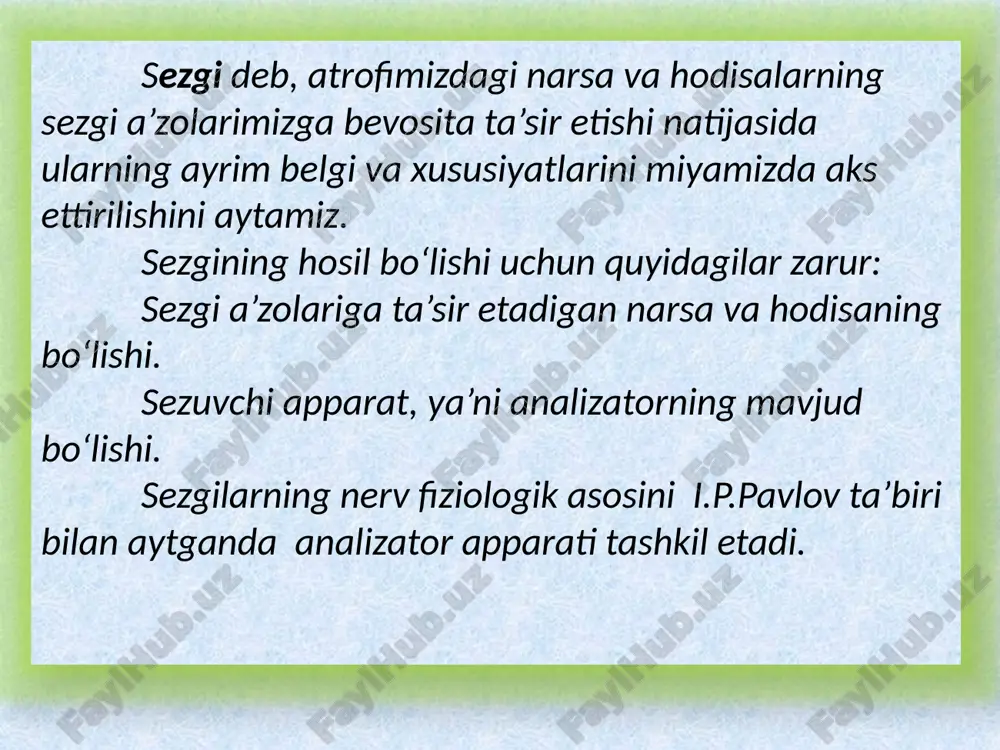 g birinchisi tonli, ikkinchisi esa bir necha tondan tashkil topadi. hid bilish sezgilariga hidlarni his qilish kiradi va ularning organi burun kavagining yuqori tomoni hisoblanib, bu yerda hid bilish hujayralari hamda sezuvchi nerv tarmoqlari joylashgan. ular shilliq pardalarda botib turadi. hid bilish markazi bosh miya yarim sharlari orqa yuzasining pastki qismida mavjud deb taxmin qilinadi. ta’m bilish sezgilari shirin, achchiq, nordon, sho‘r singari mazalarni his qilish bilan tavsiflanadi. ta’m bilish sezgilarining organi tilning yuzasi va tanglayning yumshoq qismidan tashkil topgan. tilning shilliq pardasida maxsus ta’m bilish so‘rg‘ichlari mavjud bo‘lib, ularning tarkibi tayoqchasimon hujayralardan tuzilgan maxsus ta’m bilish “kurtaklari”ga ega. ta’m bilish so‘rg‘ichlari til yuzasida bir tekis taqsimlanmaganligi uchun uning orqa qismi achchiqni, uchi shirin mazani, chetlari esa nordon mazani sezadi. teri sezgilari tarkibi tuyish va harorat turlaridan iborat bo‘lib, ularning bunday nomlanishining bosh omili bu retseptorlarning tarkibi va organizmning tashqi shilliq pardalarida joylashganligidadir. tuyish sezgilari ikki xil axborotni qabul qilish …