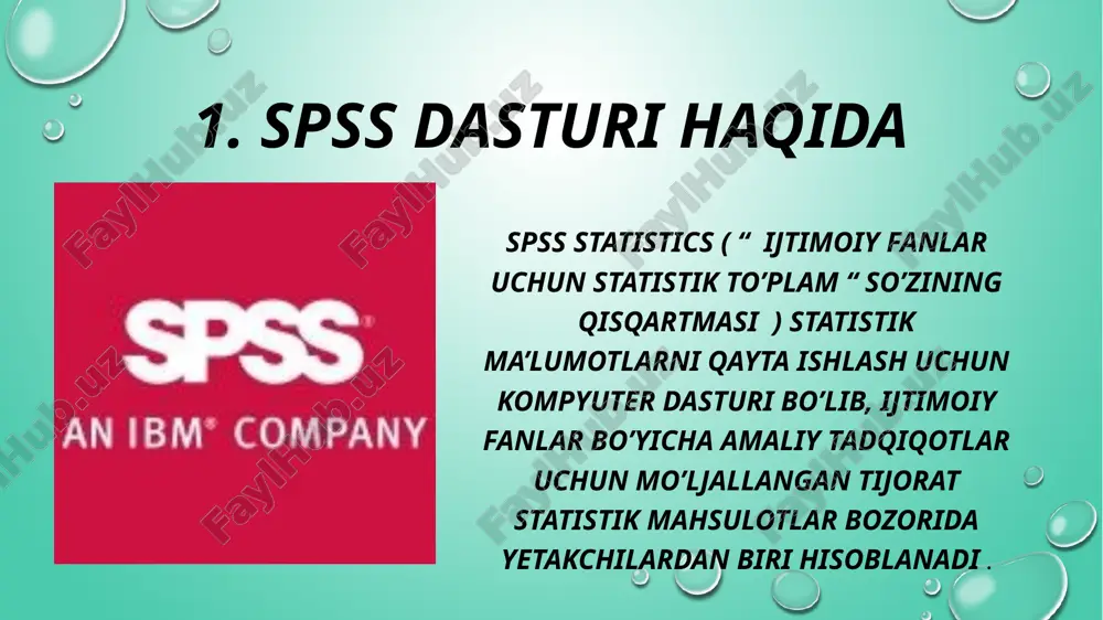 rsatkichlarining taqsimlanishi taqdim etiladi. foydalanilgan adabiyotlar roʻyxati chikago, illinoys: spss inc. isbn 978-1-56827-390-7. amherst: massachusets universiteti matbuoti . 71–78-betlar. wellman, b. (1998). “buni o’zimiz qilamiz: spss qo’llanmasi sotsiologiyaning eng ta’sirli kitobi sifatida”. https://studme.org/230533/informatika/shema_organizatsii_dannyh_spss eʼtiboringiz uchun rahmat image2.png image3.png image4.jpeg image5.jpeg image6.jpeg image7.jpeg image8.jpeg image9.jpeg image10.jpeg image11.jpeg image12.jpeg image13.jpeg image14.jpeg image15.jpeg image1.png /docprops/thumbnail.jpeg